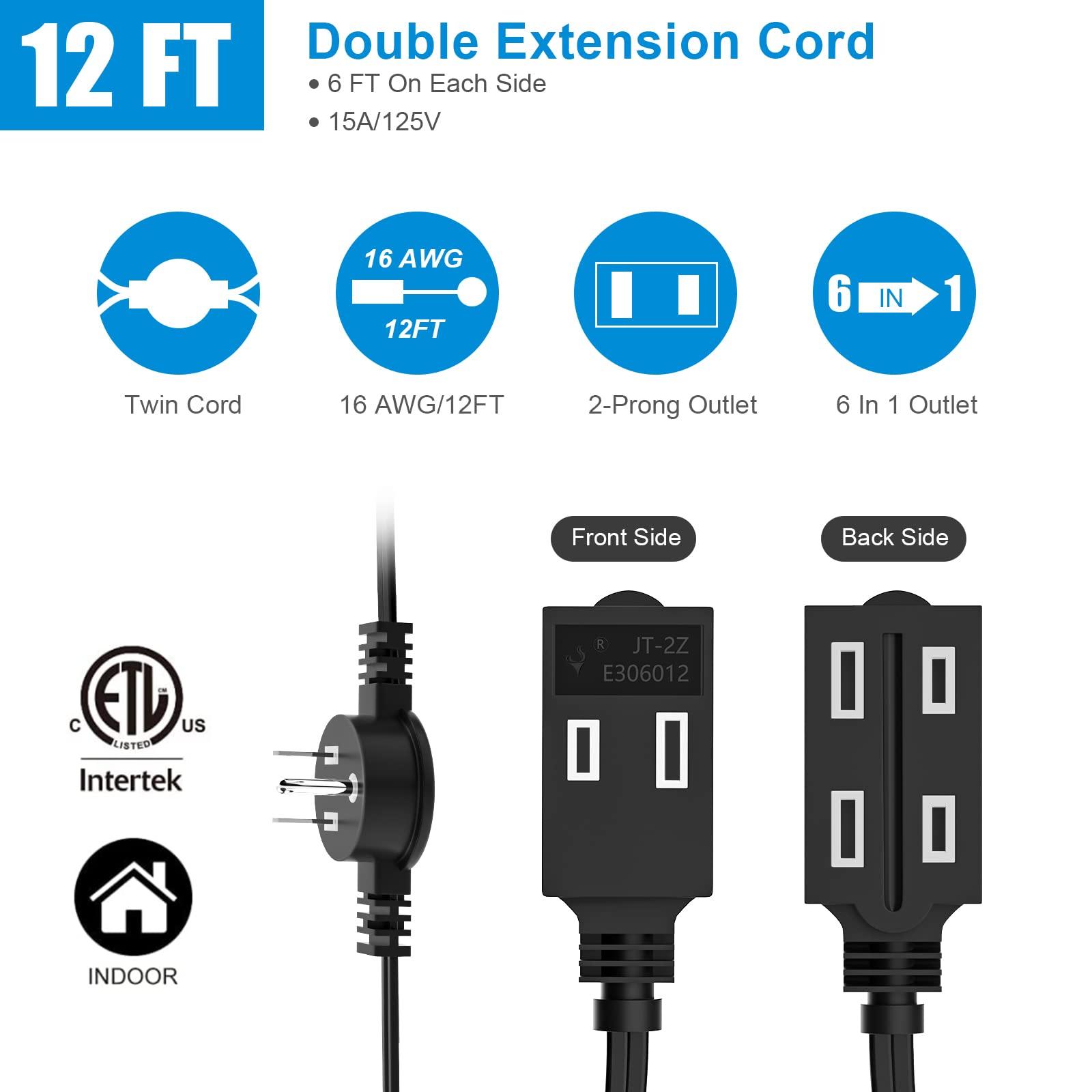 HITRENDS Power Strip Surge Protector with 12 Outlets & 4 USB Ports & 1 USB-C Port (5V/3A) & Twin Extension Cord Power Strip - 12 Feet Cord - 6 feet on Each Side