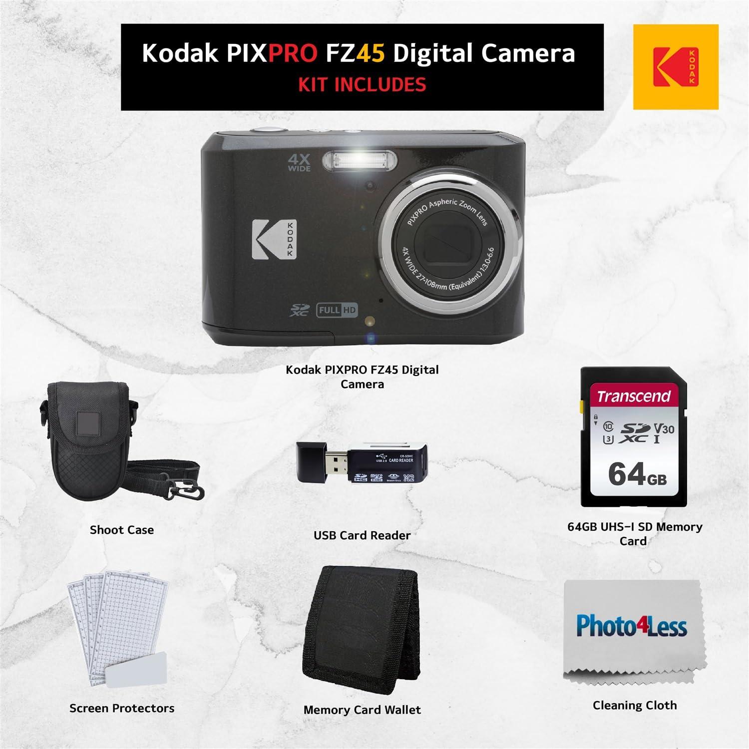 PHOTO4LESS Kodak PIXPRO FZ45 Digital Camera Bundle with Black Point & Shoot Camera Case + Transcend 64GB SD Memory Card + Tri-fold Memory Card Wallet + Hi-Speed SD USB Card Reader + More (Black)