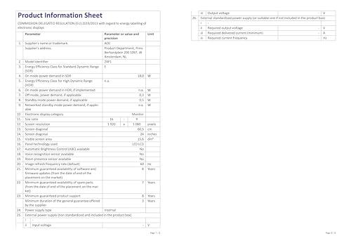 AOC Monitor 23.8" WLED IPS 24P1 1920 x 1080 Full HD Tempo di Risposta 5 ms