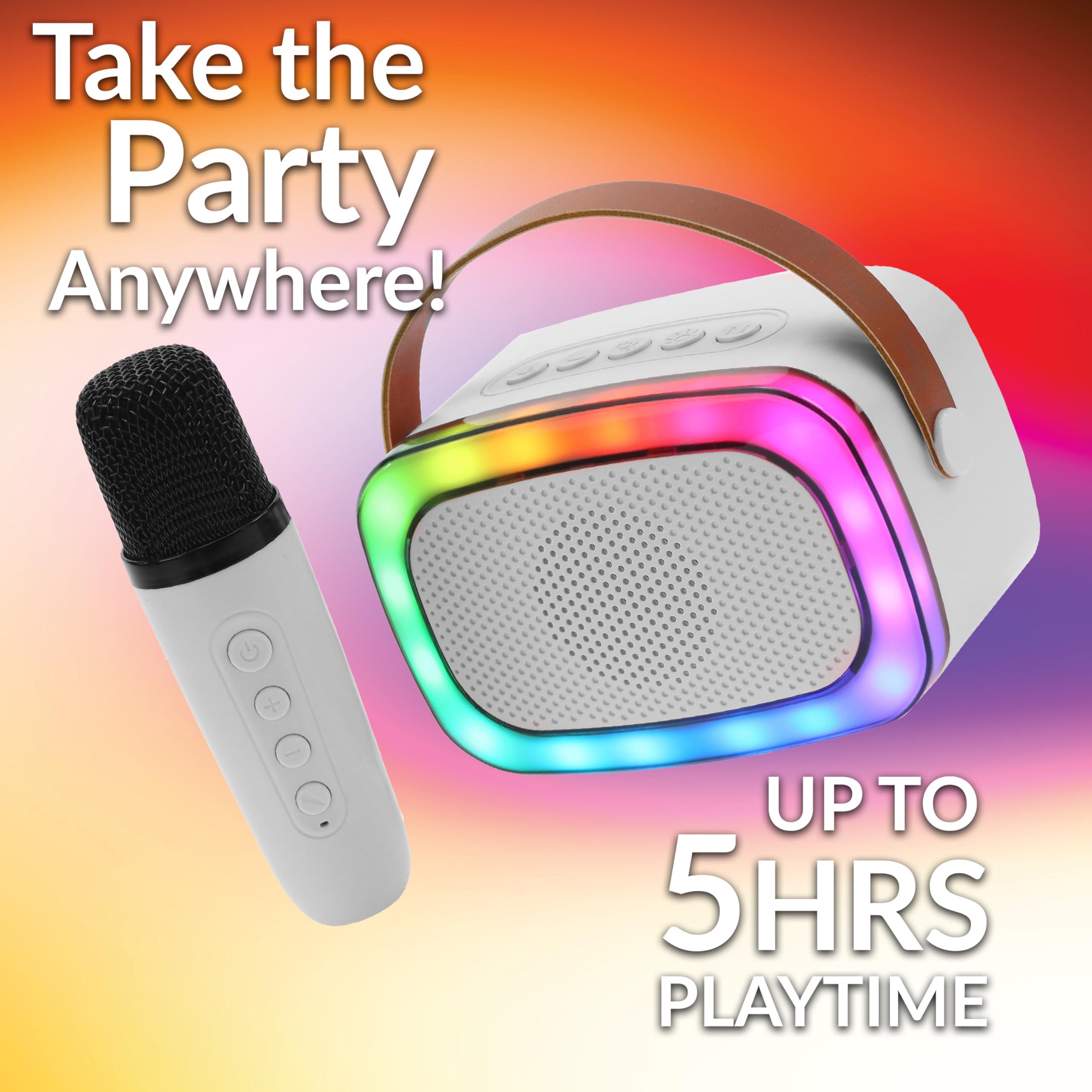 Supersonic IQ Sound IQ-908K Mini Karaoke Bluetooth Speaker with Wireless Microphone, RGB Lights Surround, Fun Voice Changing in Rechargeable Compact, and Portable Design Ideal Gifts for Kids and Adults (White)