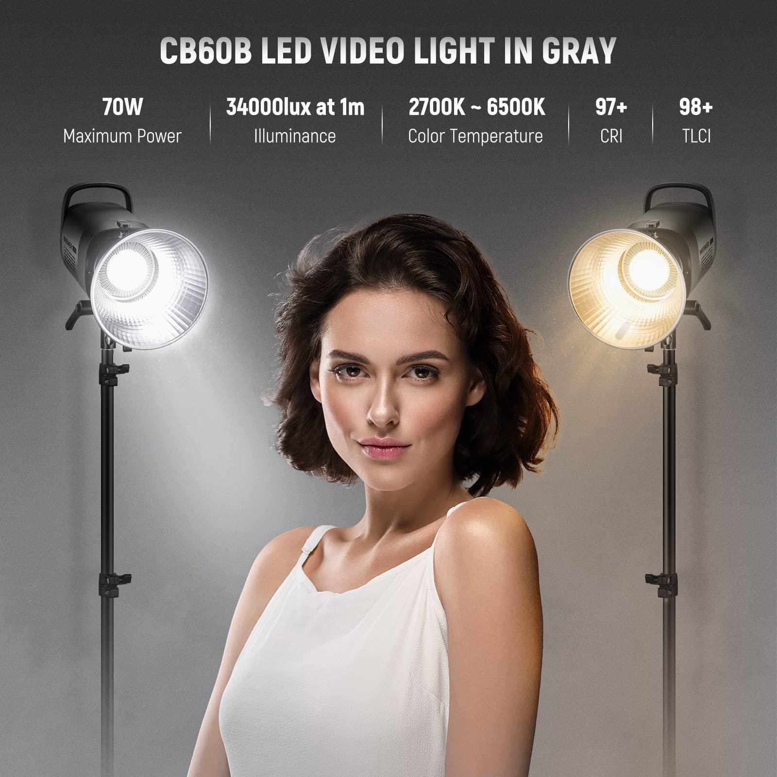 Neewer NEEWER CB60B 70W LED Video Light with 2.4G&APP Control, COB Bi Color 2700K-6500K 34000Lux at 1m/CCT Mode/CRI97+/12 Scenes/Bowens Mount Continuous Output Lighting for Studio Photograpny/Video Recording