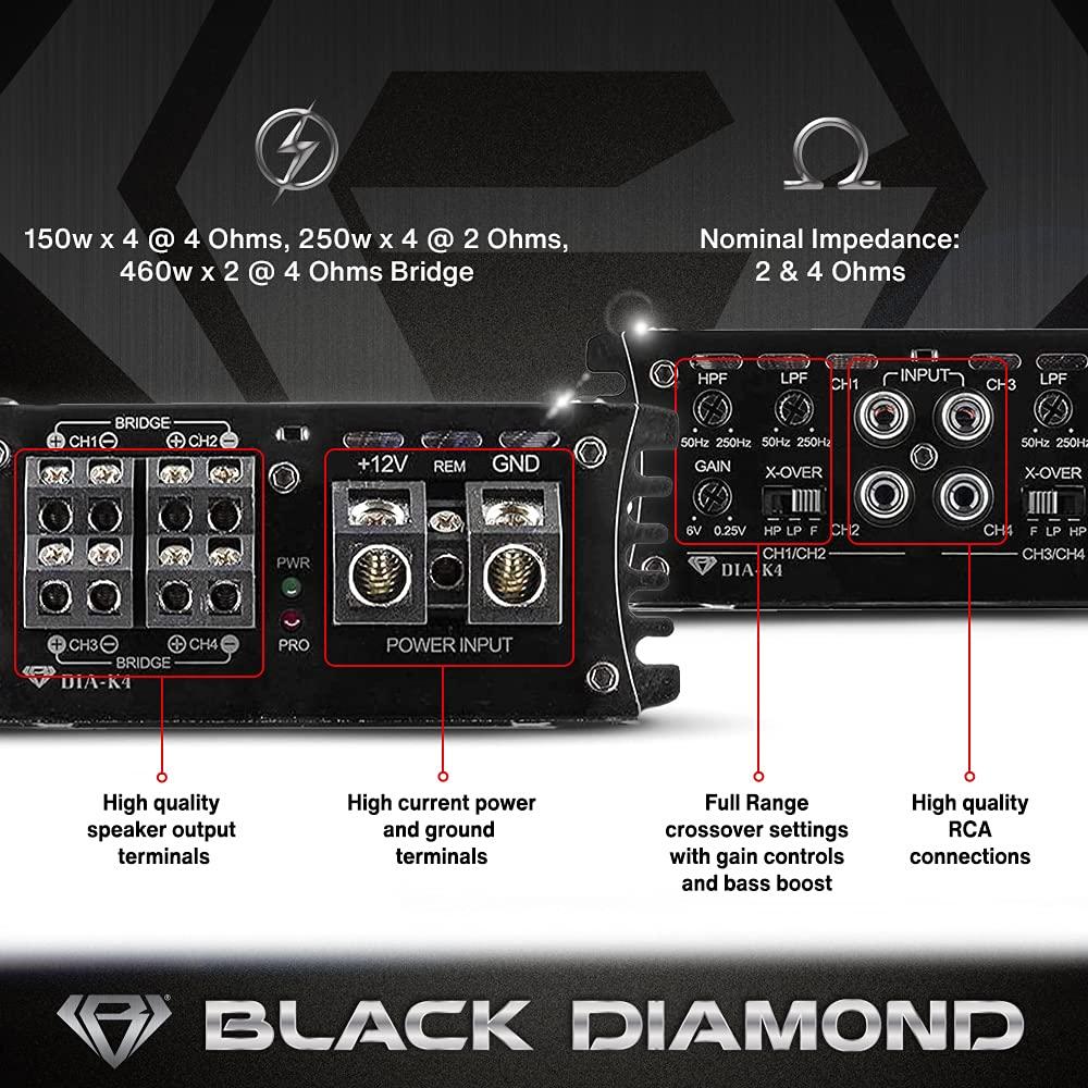 BLACK DIAMOND Black Diamond DIA-K4 Car Audio Amplifier 4 Channel, Full Range, Class D, 2000 Watts Max Power, Acrylic Window with Red LED Lighting