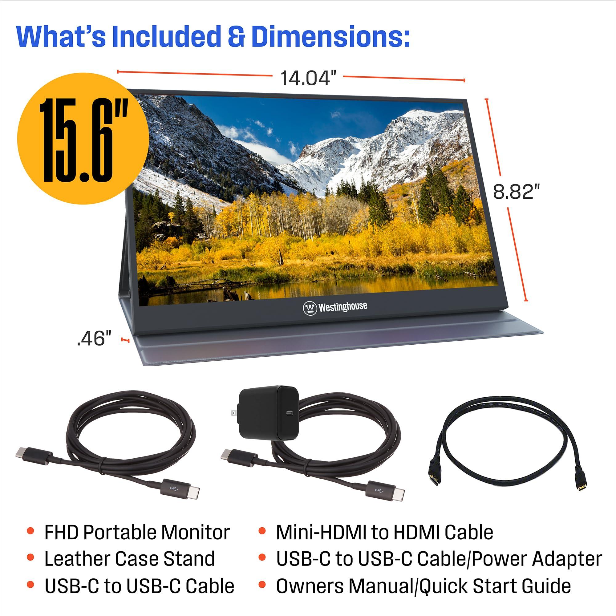 Westinghouse Westinghouse 15.6 Inch Portable Monitor for Laptop & Travel, 1080p, 60Hz, IPS Display, Full HD Screen with Magnetic Protective Cover, Built in Speakers, 1x Mini HDMI, 1x USB Type-C