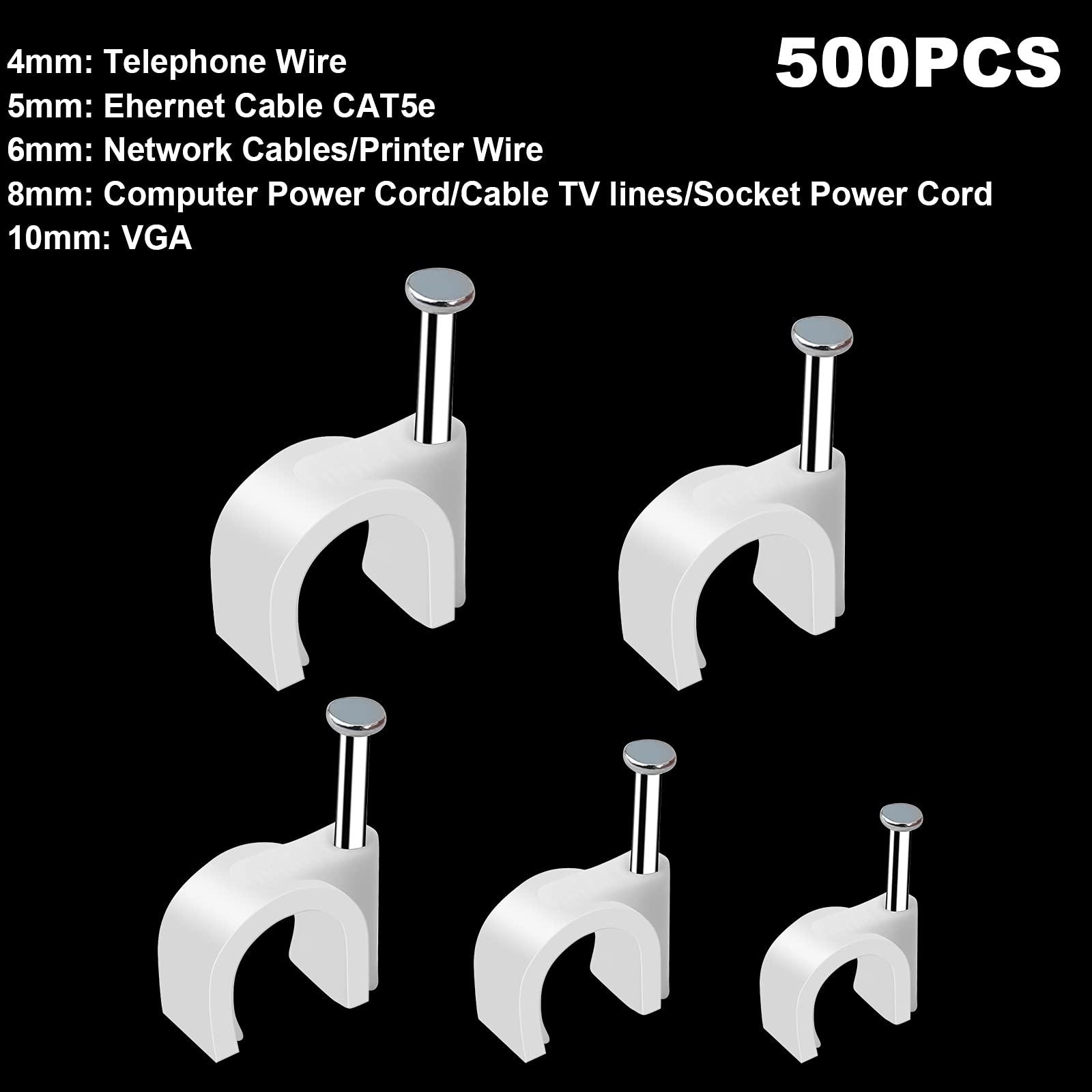 Marvelity 500pcs Cable Clips with Steel Nail in Cable Clips White 4mm 5mm 6mm 8mm 10mm Cable Wire Clips Cable Wall Clip Wire Staples Cord Clips for Wall Coaxial Cable Staples RG6 RG59 CAT6 RJ45 Wire Clips
