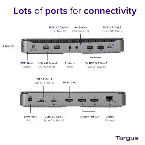 Targus Targus USB-C Dual Host Hybrid Triple Video KVM Docking Station with Dual 100W Power - PC and Mac Compatibility, Connect and Control Up to 2 Laptops, 3 Monitors, and Multiple Peripherals (DOCK750USZ)