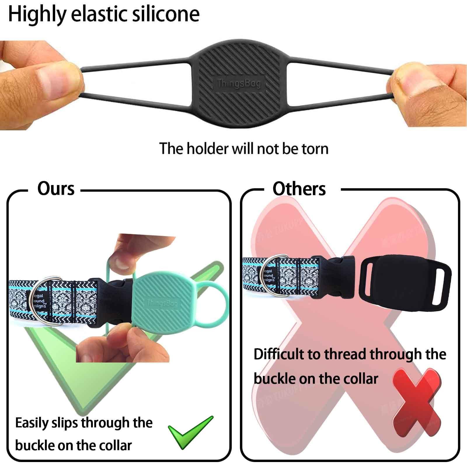 ThingsBag Dog Collar Airtag Holder(2 Pack), Waterproof Companion of Air Tag Trackers Locator Case, Protective itag Apple GPS Holder Compatible with Cat Collars, Silicone Dog airtag Holder(Black Black)