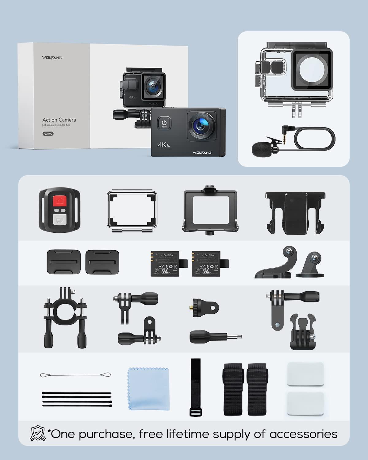 WOLFANG WOLFANG Action Camera 4K 20MP GA100, Waterproof 40M Underwater Camera for Snorkeling, EIS Stabilization WiFi 170 Wide Angle Helmet Camera for Vlogging with External Microphone, Remote Control