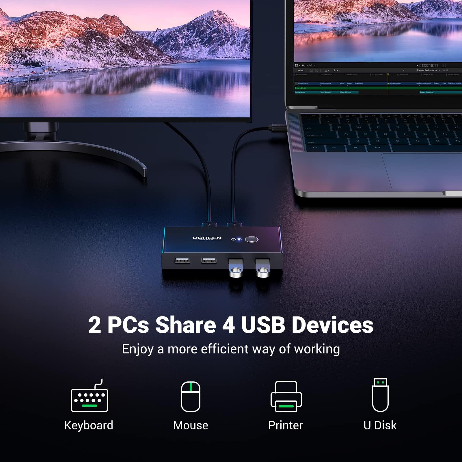 UGREEN UGREEN USB Switch Selector - 2-Port, 4 Device Sharing, Includes USB C 3.0 Adapter (2 Pack)