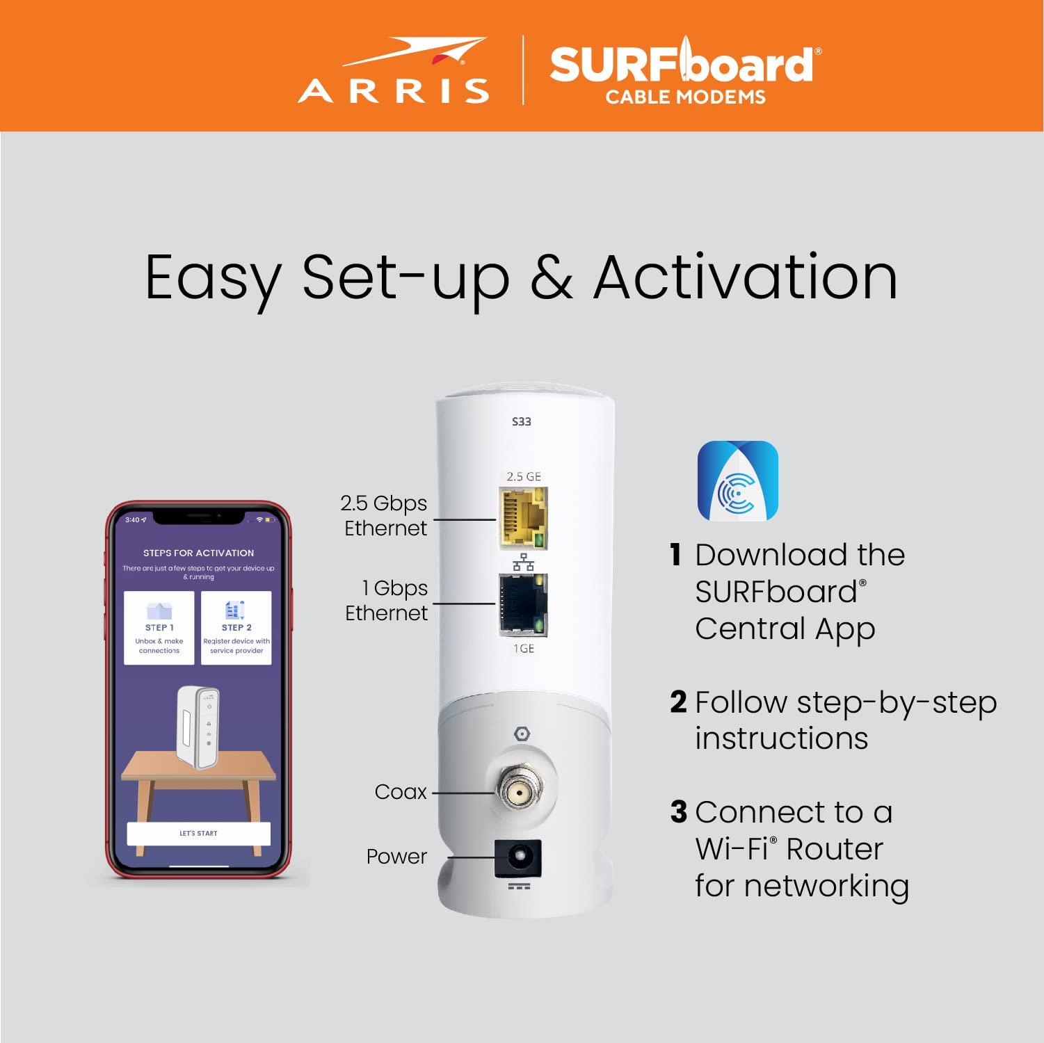 ARRIS ARRIS - SURFboard S33 32 x 8 DOCSIS 3.1 Multi-Gig Cable Modem with 2.5 Gbps (Renewed)