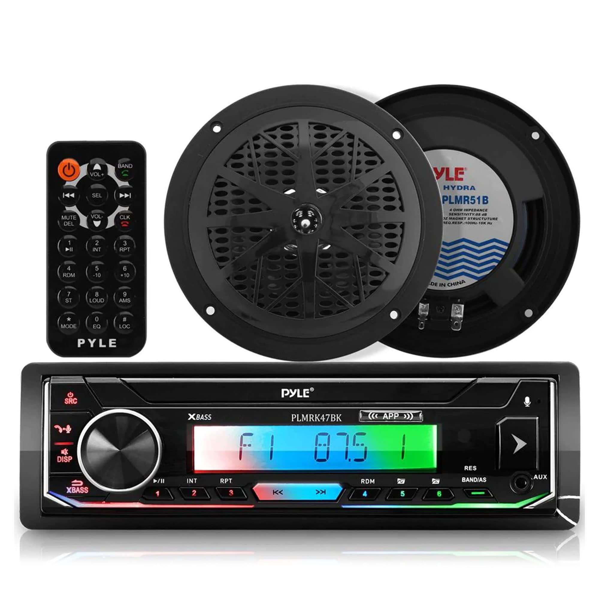 Pyle Pyle Bluetooth Marine Receiver Stereo & Speaker Kit 300W Single DIN Boat Marine Head Unit l LCD, Mic, Hands-Free Calling, AUX, MP3/USB/SD, AM/FM Radio, Remote - PLMRK47BK (Black)