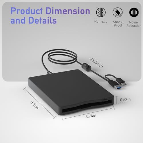 wintale wintale USB Floopy Drive,Portable 3.5\" USB External Floppy Disk Drive,Slim Plug and Play 1.44 MB FDD for PC Windows 2000/XP/Vista/7/8/10/11 Mac