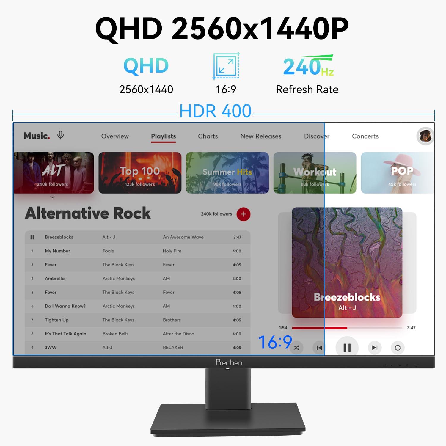 Prechen 27 Inch 2K 240Hz QHD 2560x1440P Gaming Monitor, 1ms, 400cd/m, 100% sRGB PC Screen, AMD FreeSync Premium Pro Compatible, 2X DispalyPort 1.4 & HDMI 2.0, Dual Built-in Speakers, VESA Supports, Black