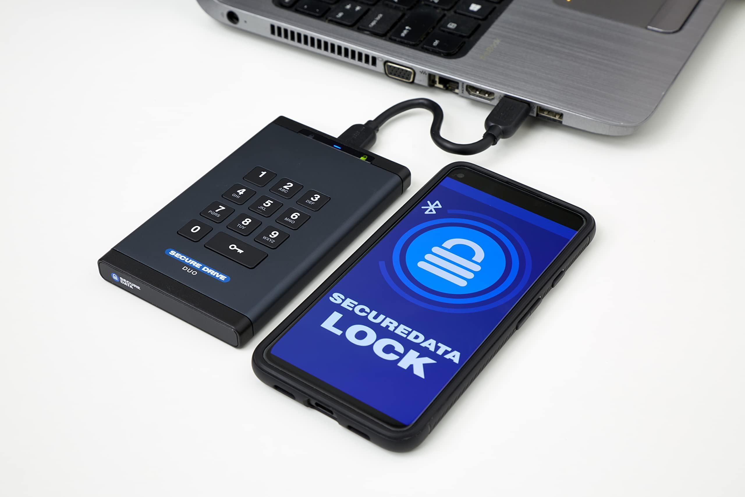 ClevX SecureData SecureDrive DUO 500GB Hardware Encrypted USB 3.0 Ext Drive FIPS 140-2 Level 3 Unlock via KeyPad or Phone app TAA Compliant, CJIS, HIPAA, CMMC, GDPR compliant, works with Mac and Win free AV