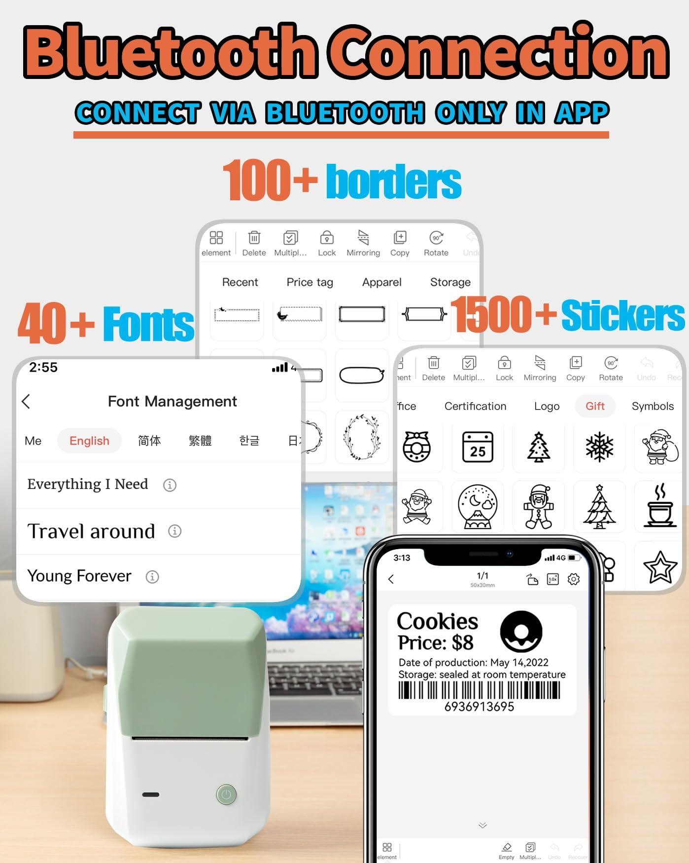 LMASBLTER LMASBLTER Green B1 Label Maker, 2 Inch Barcode Printer, Portable Sticker Maker Machine for Barcode, Name, Address, Labeling, Mailing+2 Rolls Jewelry Price Tags Label Maker Tape