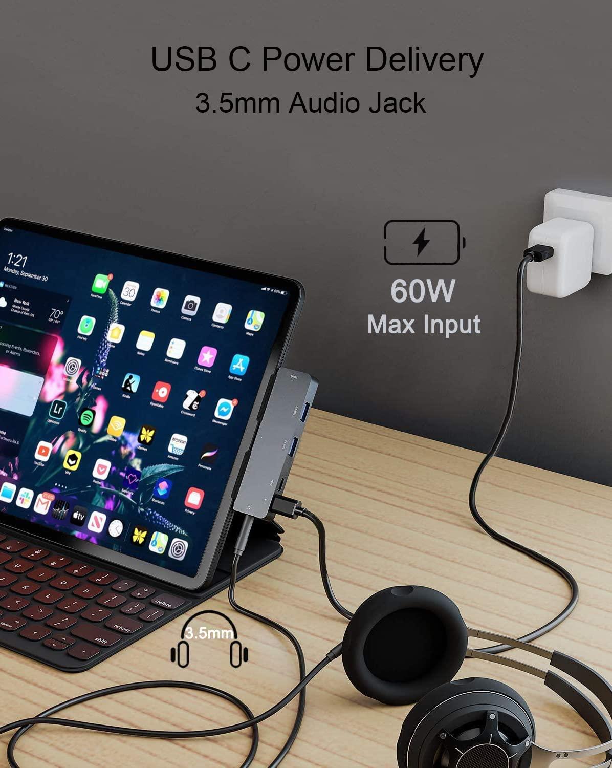 iPad Pro USB C Hub Adapter for iPad Pro 2024 M4 M2 M1,7-in-1 Hub with 4K@60Hz HDMI,3.5mm Jack,USB3.0,PD 60W,SD/TF Card Slot,iPad Air 4/5,iPad Mini 6,iPad Accessories