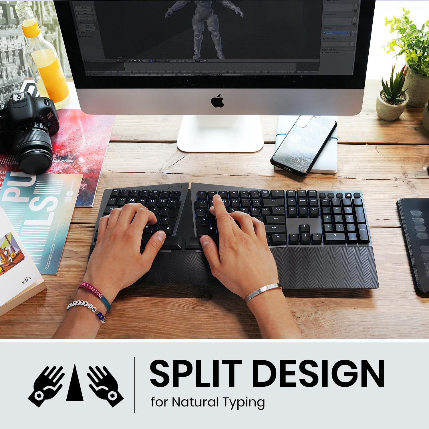 Perixx Perixx PERIBOARD-835BL Wireless Ergonomic Mechanical Keyboard - RGB Backlit - Low-Profile Blue Clicky Switches - Multi-Device Connection - Compatible with Windows and Mac OS X - US English