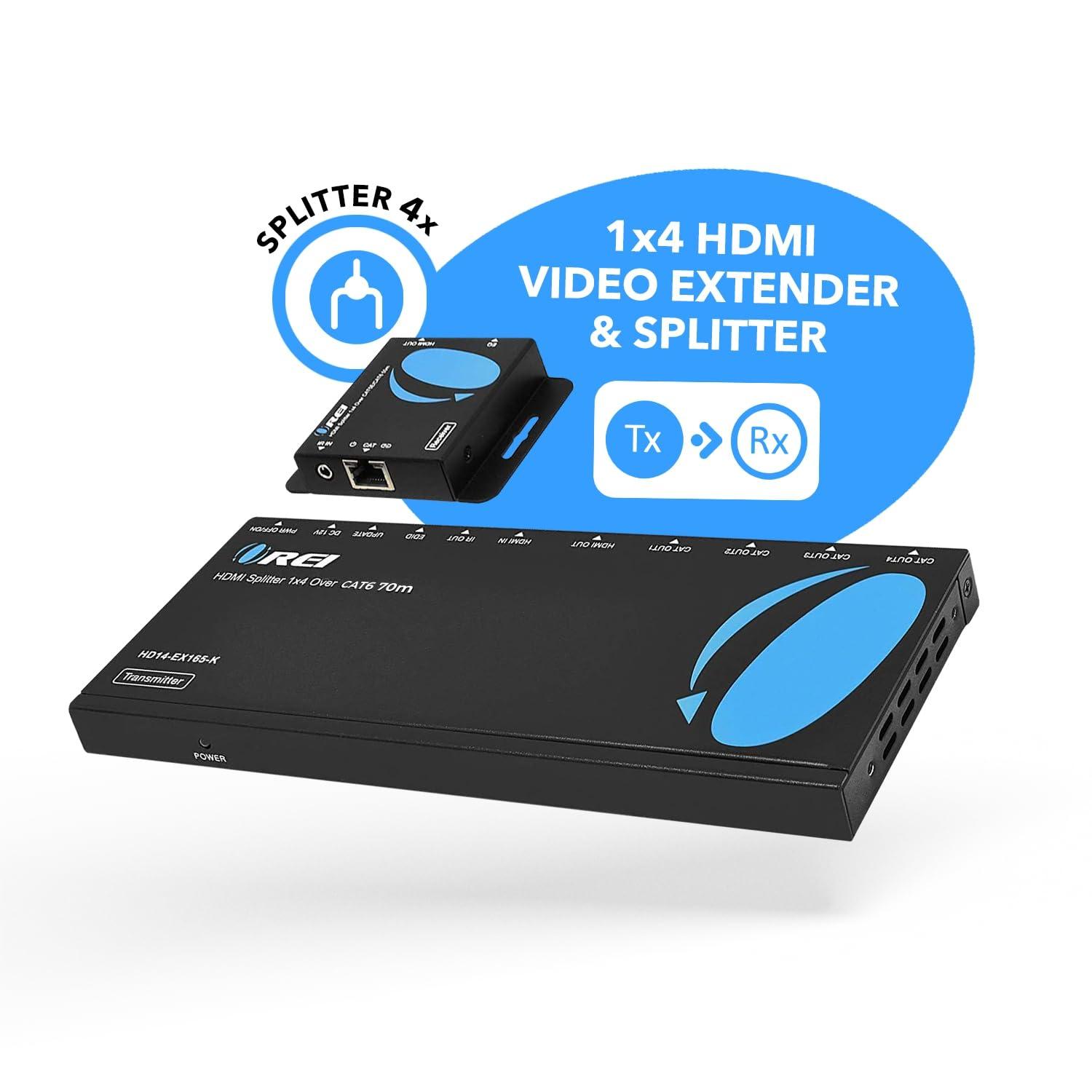 OREI OREI 4K 1x4 HDMI extender splitter over CAT6/7 ethernet cable up to 4K@30Hz upto 165 ft-1080P, IR control, EDID, HDMI loop out (HD14-EX165-K)