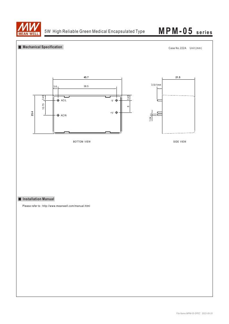 MeanWell Mean Well MPM-05-5 5W High Reliable Green Medical Encapsulated Type MPM-05