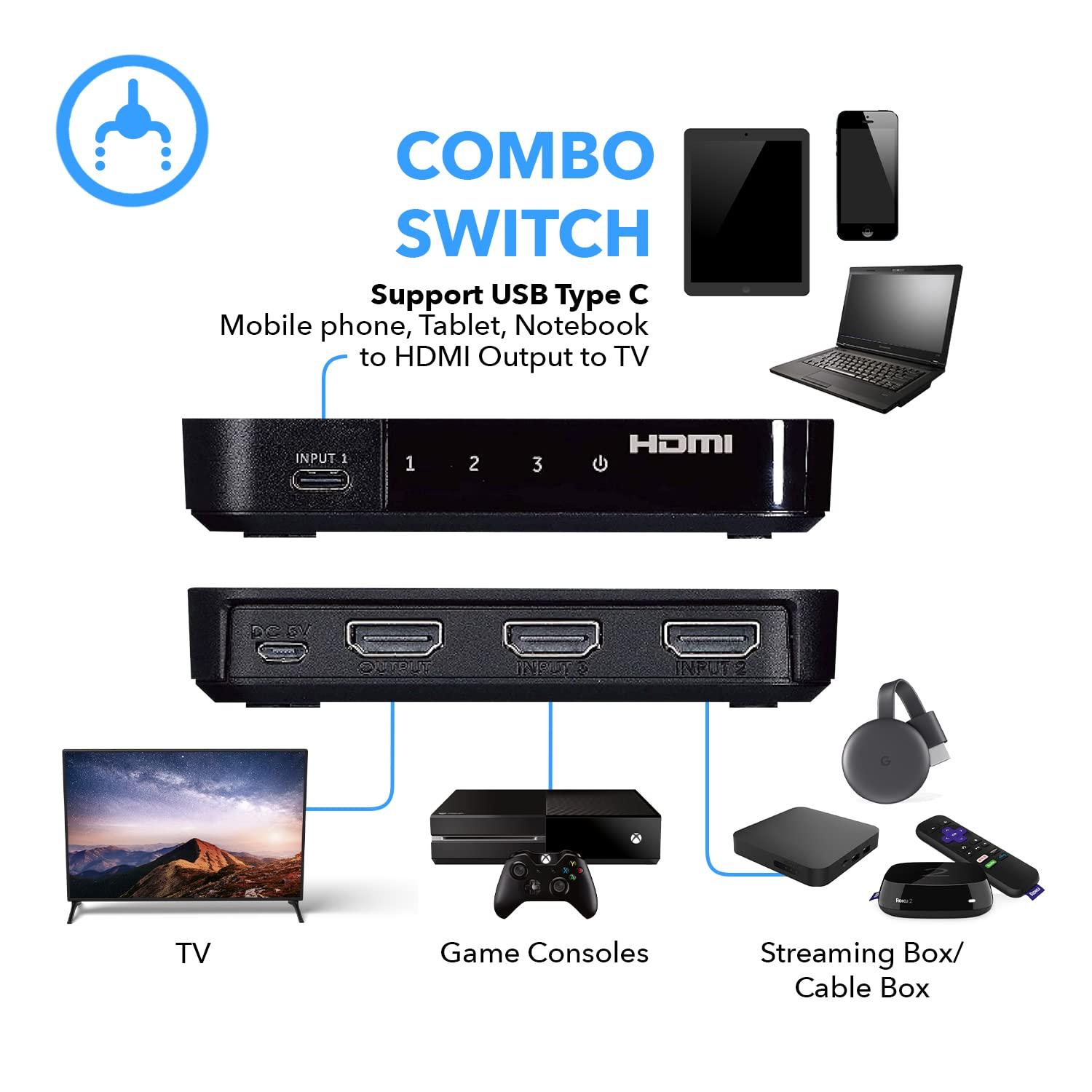 OREI OREI HDMI Switch 3 in 1 Out, Resolutions up to 4K@60Hz, 2 HDMI inputs & 1 USB-C 3. 1 Gen with DP Alt Mode Input to Connect Mobile Phones, Tablets, Laptop Notebooks, iPads, Mac and More (UHD-301C)