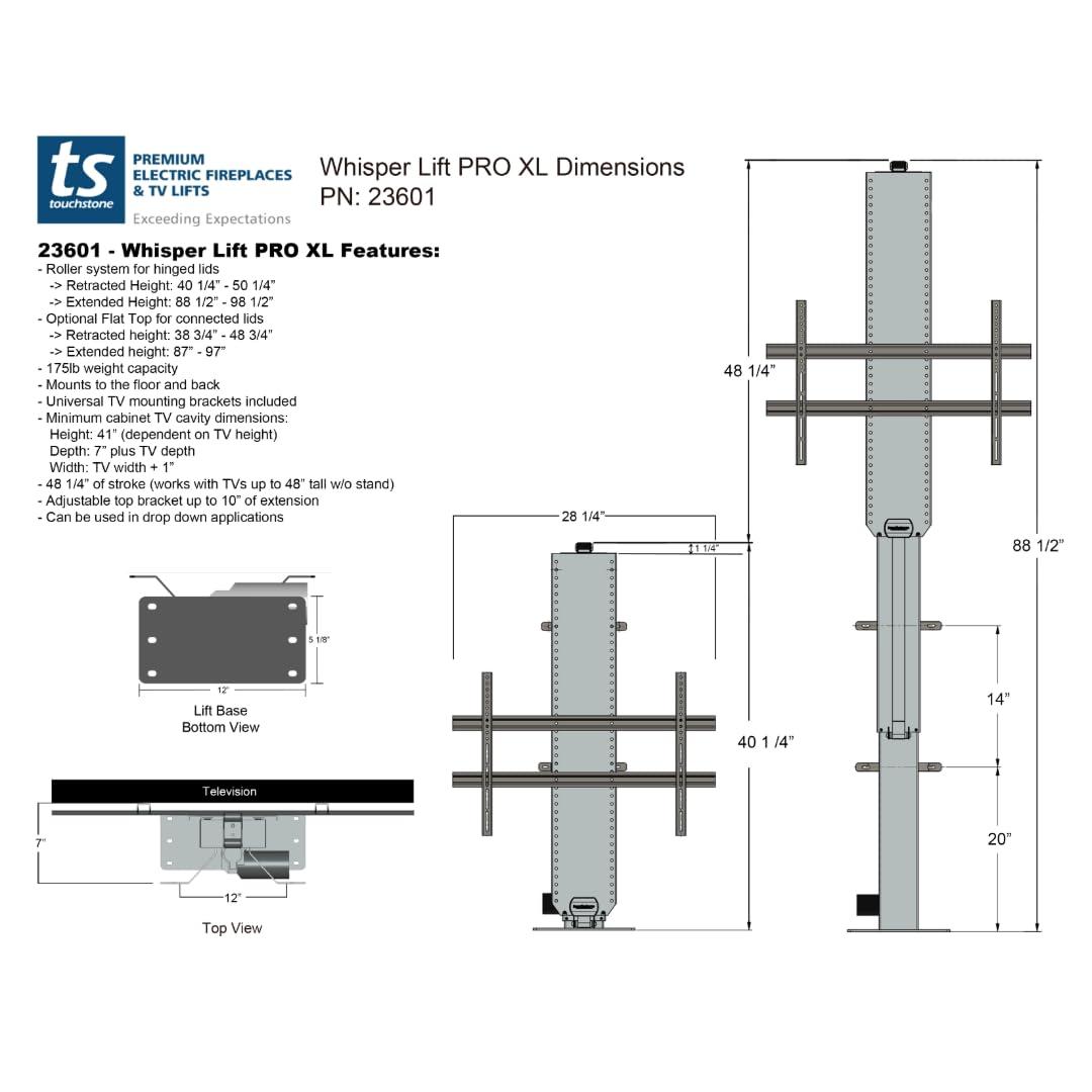 Touchstone Touchstone 23601 - Whisper Lift II Pro XL - 48" Travel - Popup & Drop Down - Height Memory Feature, IR/RF, RS-232 - TVs Up to 85"/175Lbs 5 Year Warranty