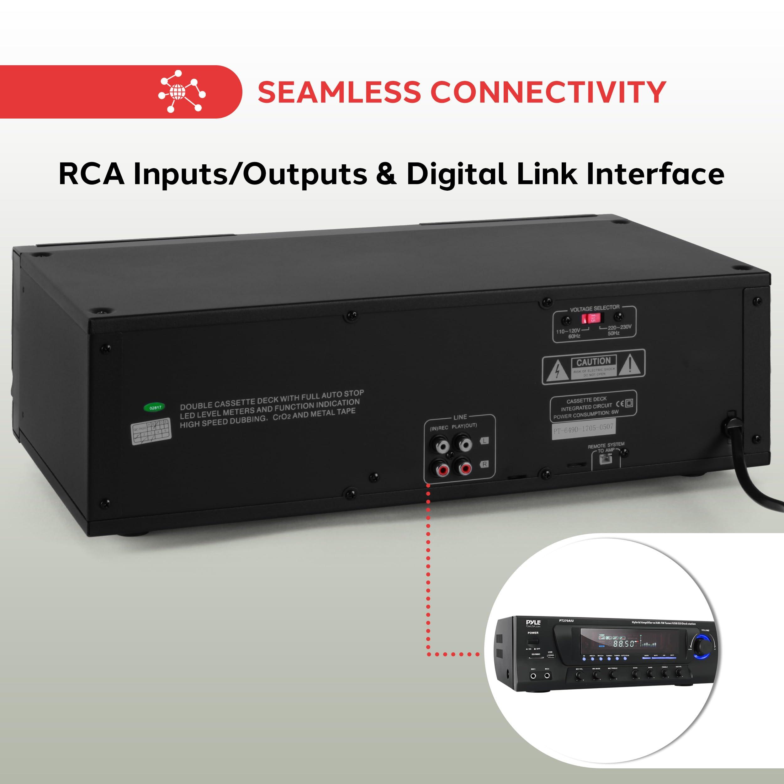 Pyle Pyle Home Digital Dual Cassette Deck Media Player Music Recording Device with RCA Cables Switchable Rack Mounting Hardware CrO2 Tape Selector Included 3 Digit Counter - 110V/220V