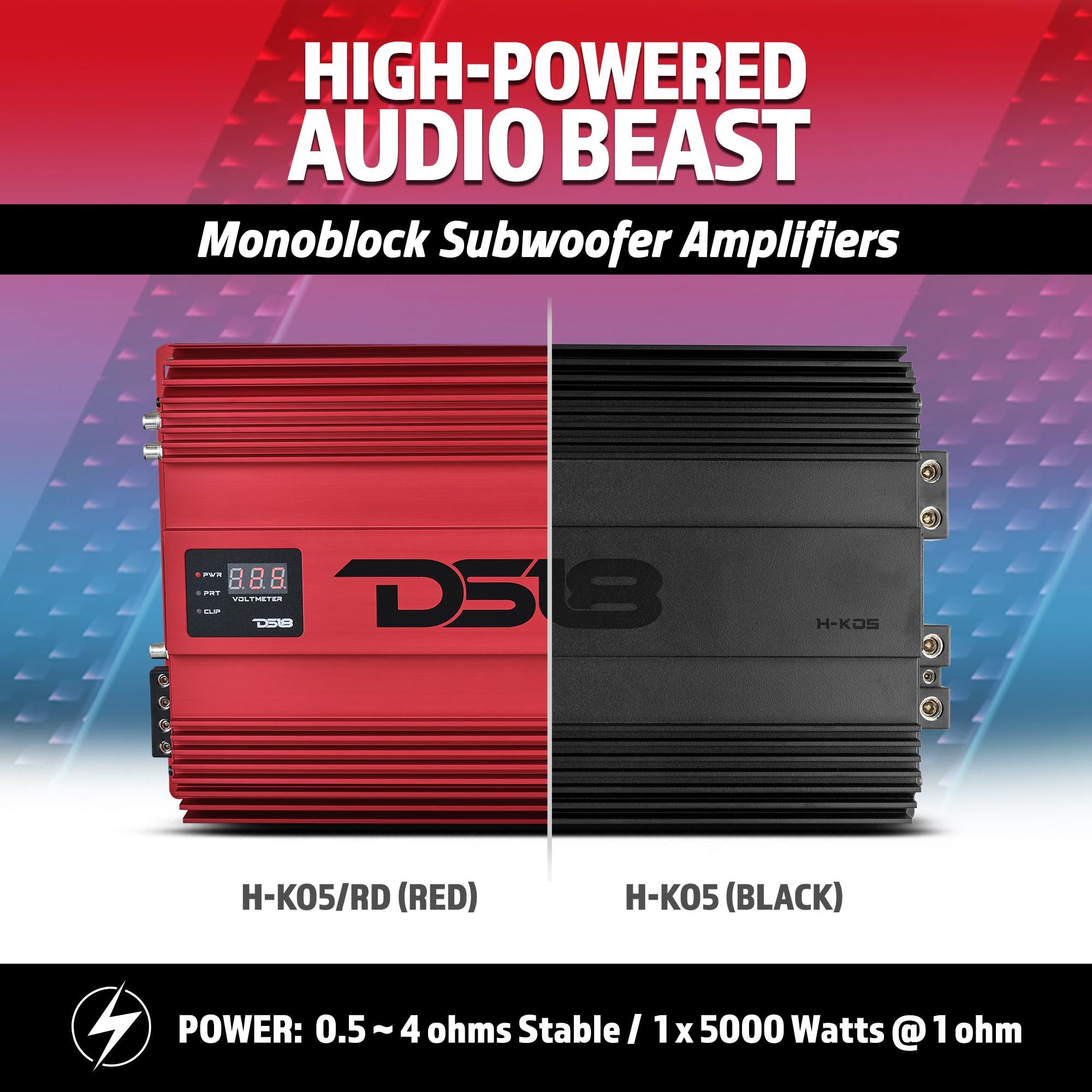 DS18 DS18 H-KO5/RD Korean Half Bridge 1-Channel Monoblock Amplifier with Voltmeter and Clip Indicator, 5000 Watts Rms - Remote BASS Knob Included