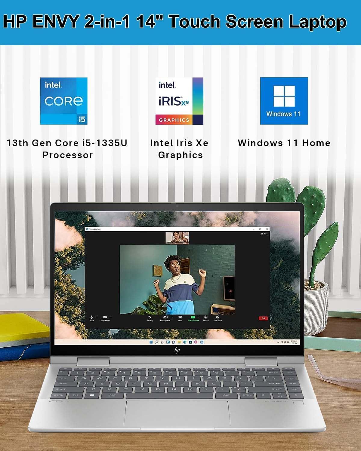 HP HP Envy x360 2-in-1 14" FHD Touchscreen Laptop, Intel Core i5-1335U Processor, 8GB RAM 1TB SSD, Wi-Fi 6E, Bluetooth 5.3, Backlit Keyboard, Fingerprint reader, Windows 11 Home, Natural Silver