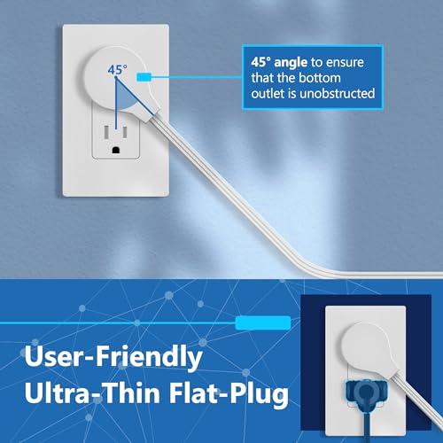 LIDER LIDER Outlet Extender with 4 Receptacles, USB Type-A and 2 USB Type-C, Ultra-Thin Flat-Plug with Cord Extender, 4-Outlet Power Strip, Slim Angled Design, Surge Protector, 720 Joules, 5ft Cord, White