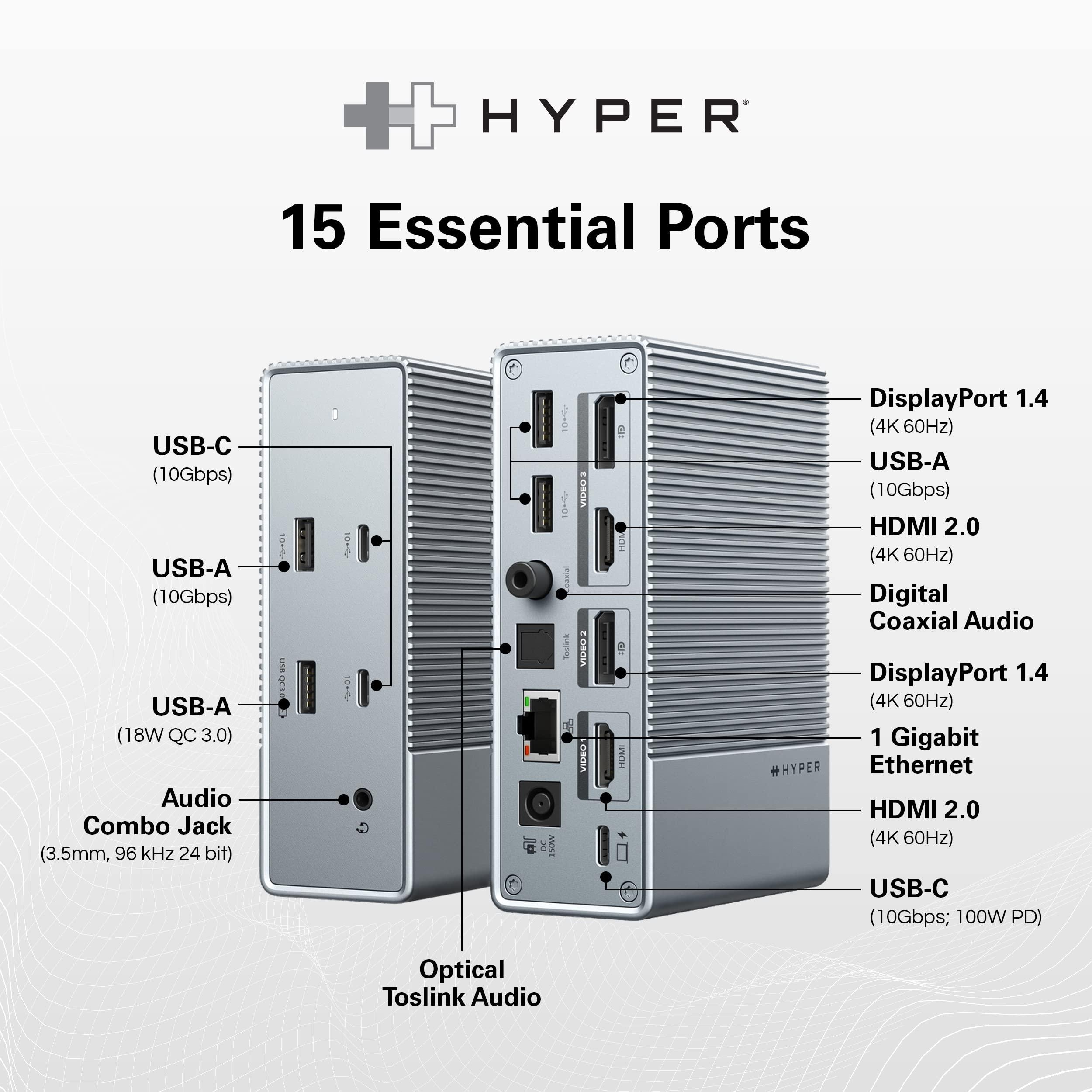 Hyper HyperDrive GEN2 15-in-1 USB-C Docking Station for MacBook, iPad, PC - HDMI or DP, Up to 3 Extended Displays, High-Speed USB Data Transfer