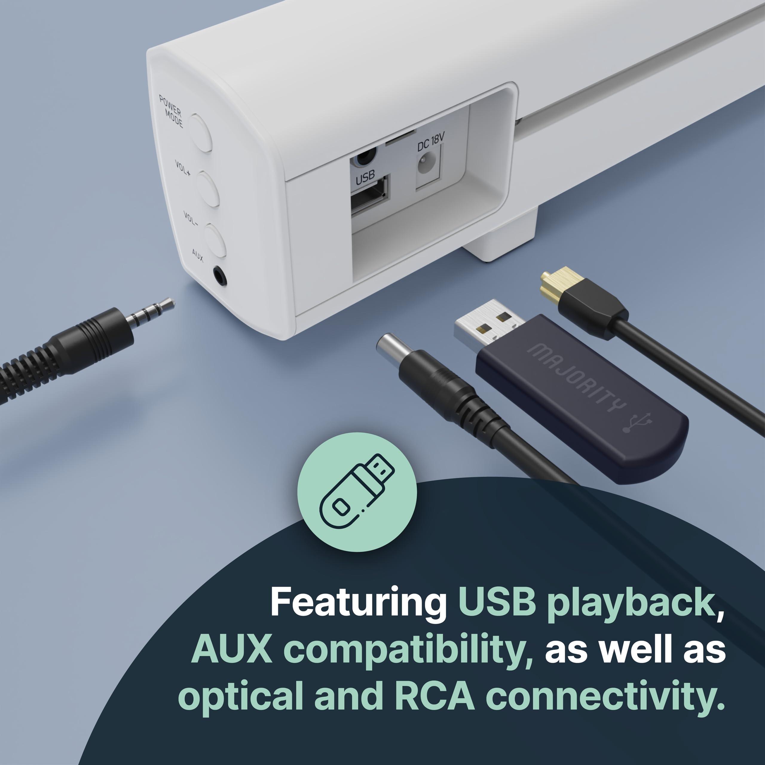 Majority Majority 15 Inch White Soundbar for TV, Bluetooth Sound Bar 50 Watts, Home Audio Speaker, Small PC Soundbar Speaker | AUX, RCA, Optical, USB | Gaming, Music, Movies | Bowfell