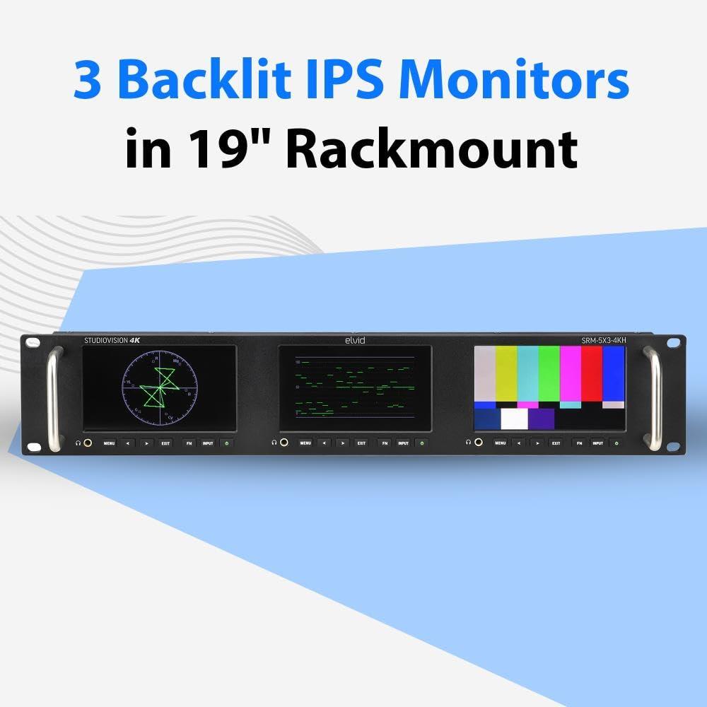 ELVID ELVID Triple 5" Full HD Rackmount Monitor Triple IPS Displays, HDMI & 3G-SDI Inputs, Wide Viewing Angle, 3D LUT Support, Integrated Waveform & Vectorscope, Ethernet Control