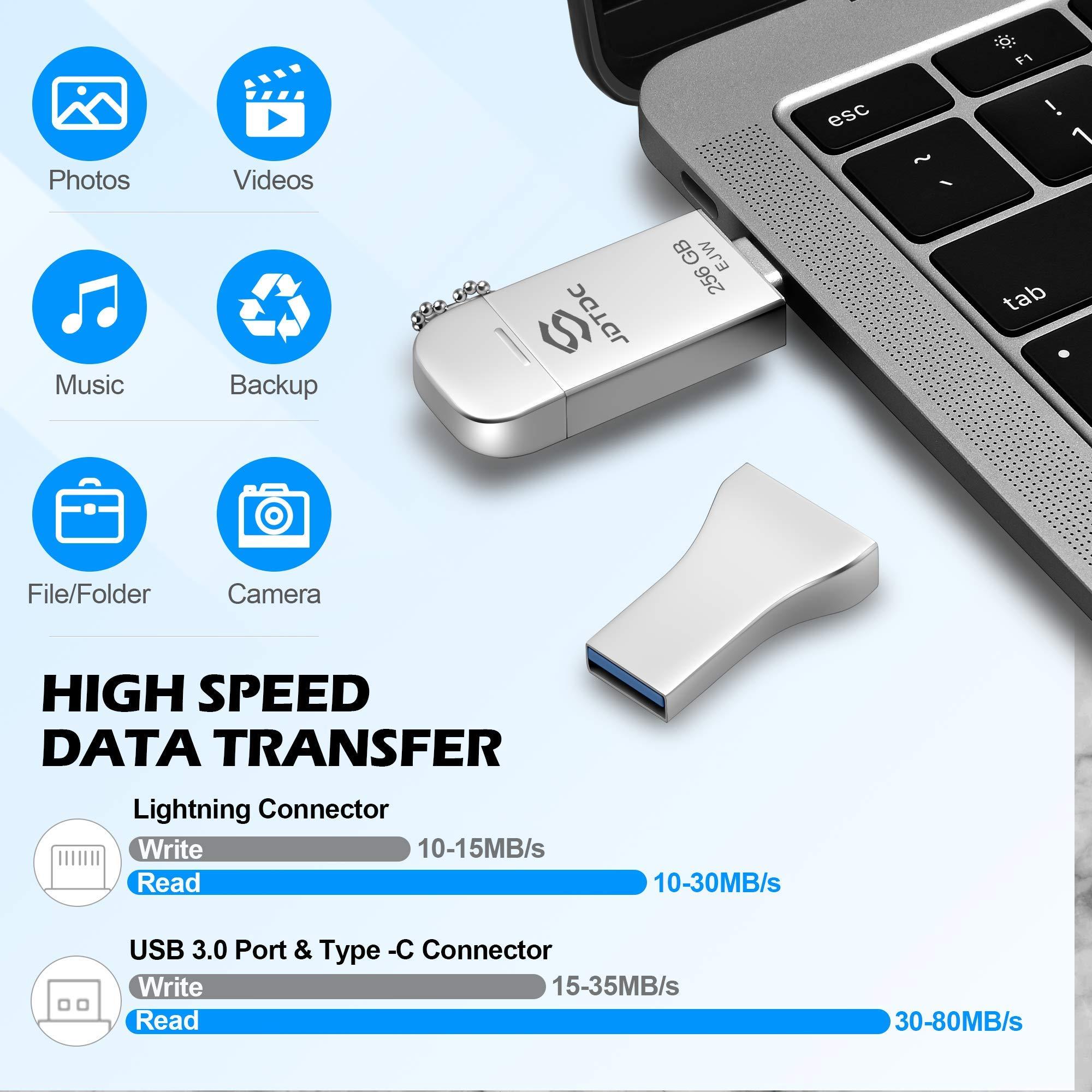 JSL JDTDC 256GB Apple MFi Certified iPhone-Photo-Stick, 3 in 1 USB C Photo-Stick-for-iPhone-Flash-Drive iPhone Memory-Stick Thumb Drives iPhone Backup Memory Stick for iPhone 16 15 14 13 12 iPad Android PC