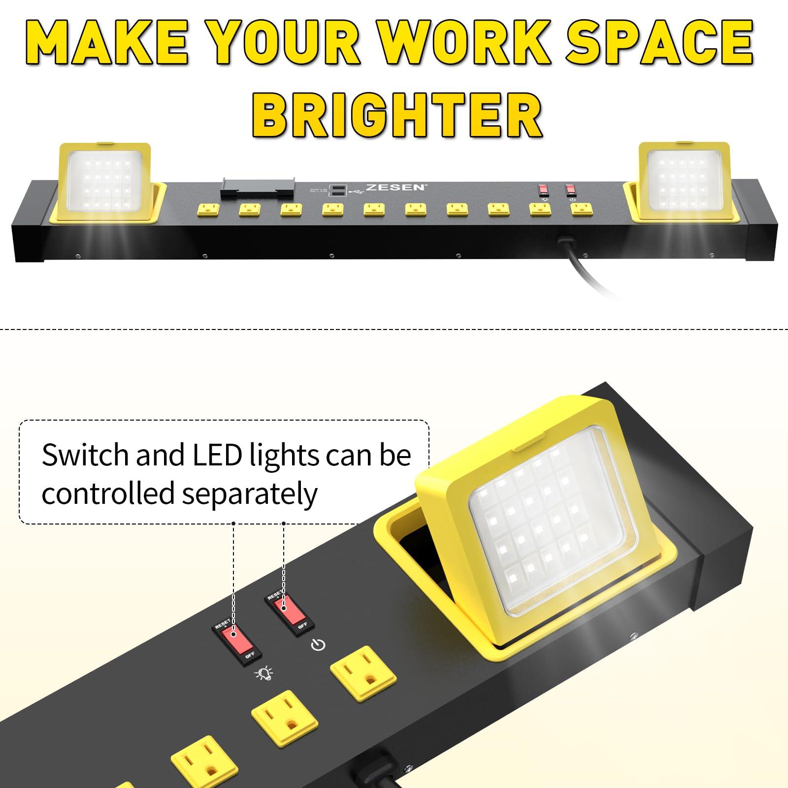 ZESEN ZESEN 10 Outlet Power Strip with LED Worklight, Heavy Duty Metal Power Strip Surge Protector 4ft Cord with 2-Port USB Charge, ETL Listed for Workshop Garage Office Home