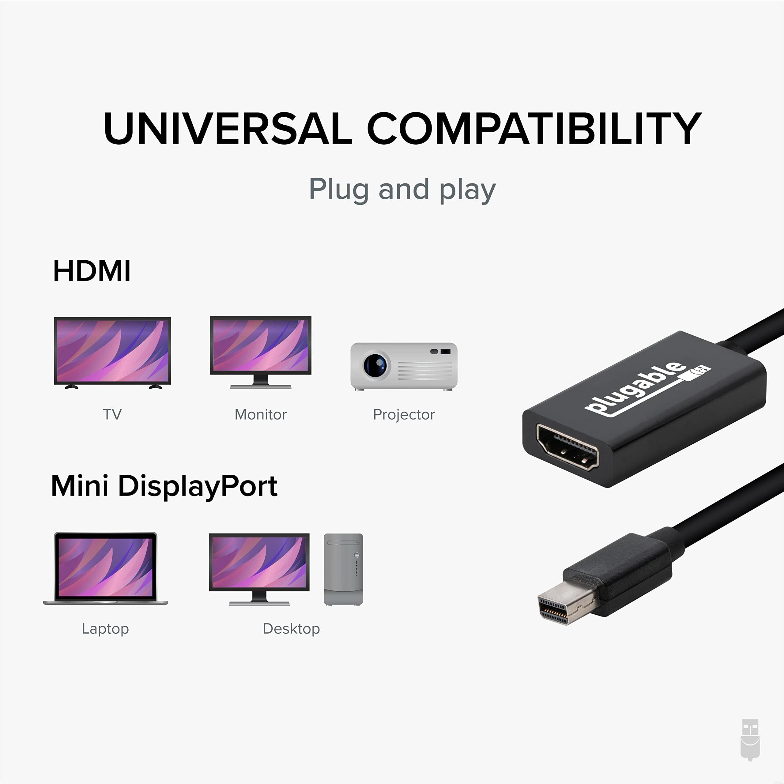 Plugable Plugable Mini DisplayPort/Thunderbolt 2 to HDMI 2.0 Adapter for Older Macs and Surface PCs with MDP Ports - Driverless