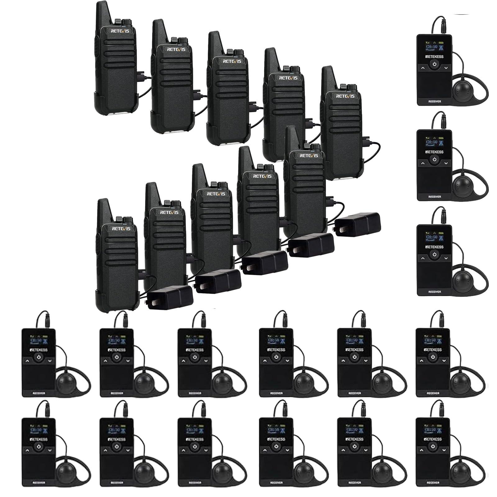 Retevis Retevis RT22 Walkie Talkies Rechargeable, Long Range Two Way Radio,2 Way Radio for Adults, Black,10 Pack, with Retekess TT116 Wireless Audio Tour Guide System