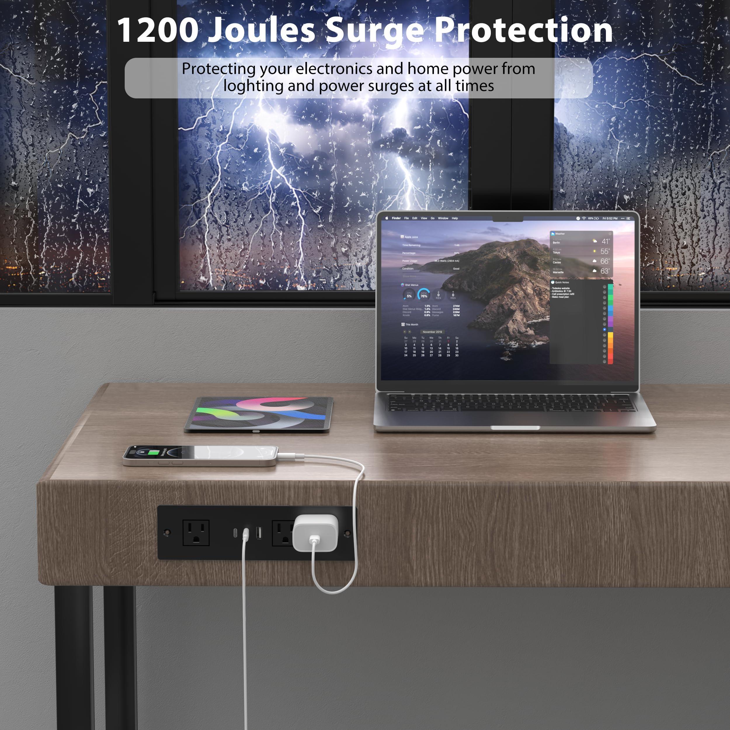 HEZI Furniture Drawer Outlet, Recessed Power Strip with (3) PD 20W USB Ports Fast Charging & (3) 15 Amp AC Outlets, (14 AWG) 5 FT Spring Black Cord