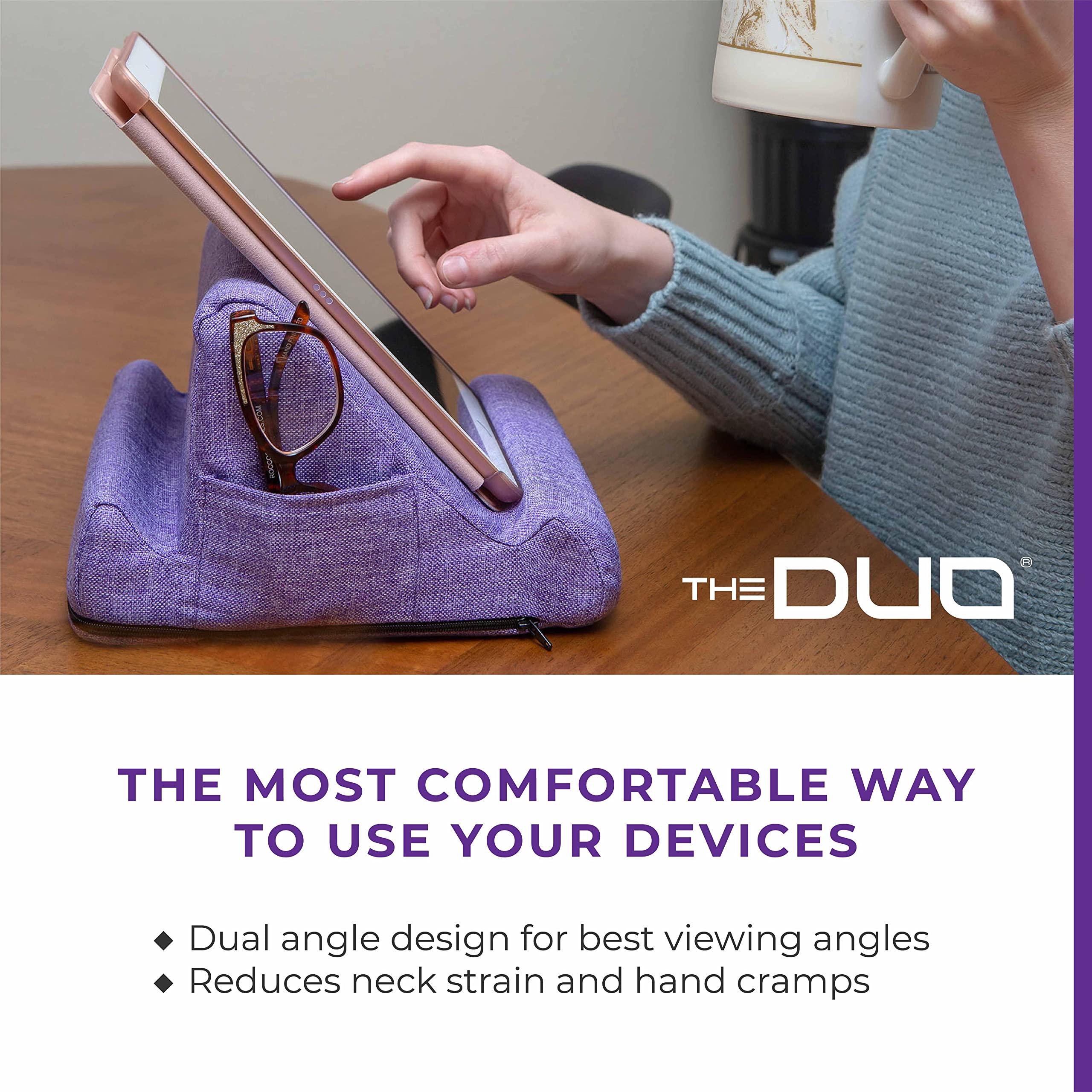 THE DUO THE DUO Multi-Angle Viewing Stand for iPad, Tablet, Phone - Pillow Tablet Stand with Side Pockets - Portable Tablet Holder for Travel and Work from Home - Purple, 10 x 10 x 6.75 inches
