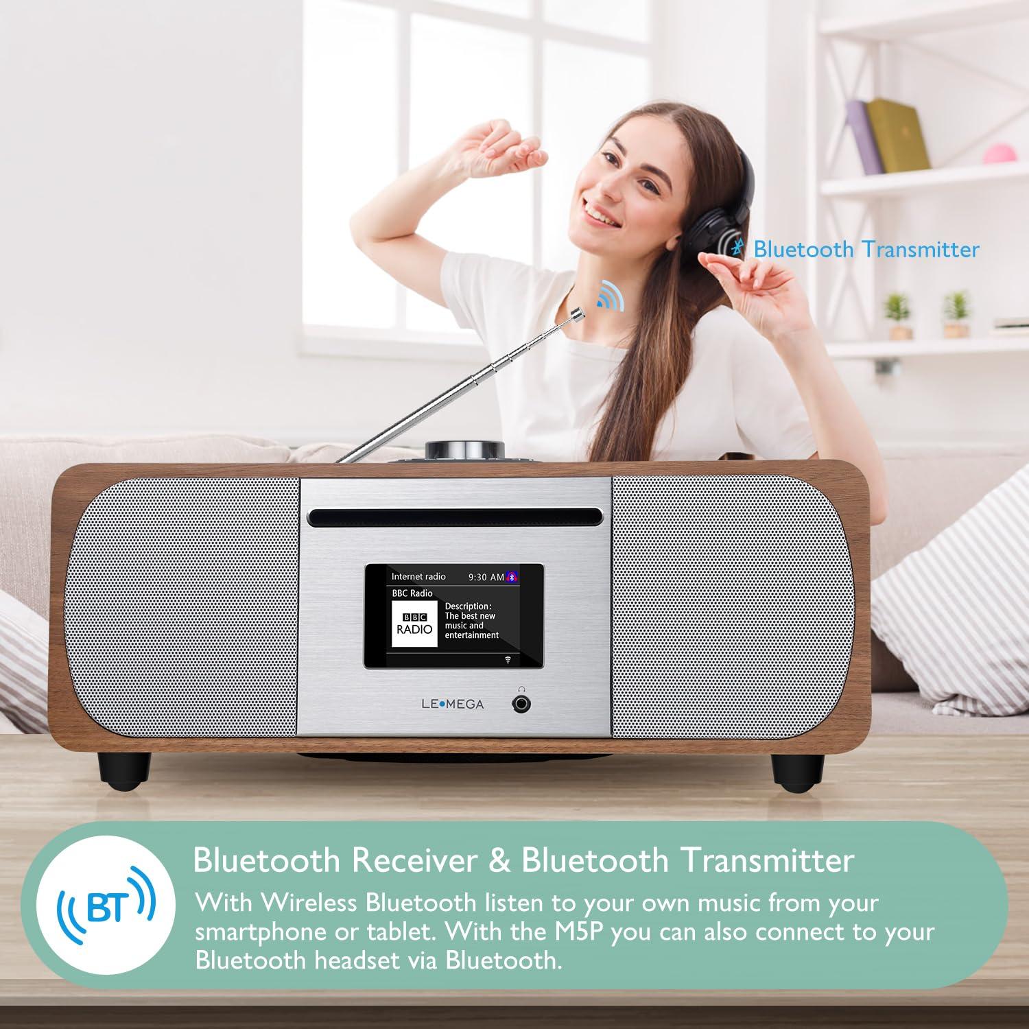 LEMEGA LEMEGA M5P Internet Radio with CD Player for Home, WiFi Radio, FM Digital Radio, Bluetooth Speaker, Spotify Connect,35W Home Stereo System,USB Player,Dual Alarms Clock, OKTIV APP Control-Dark Walnut