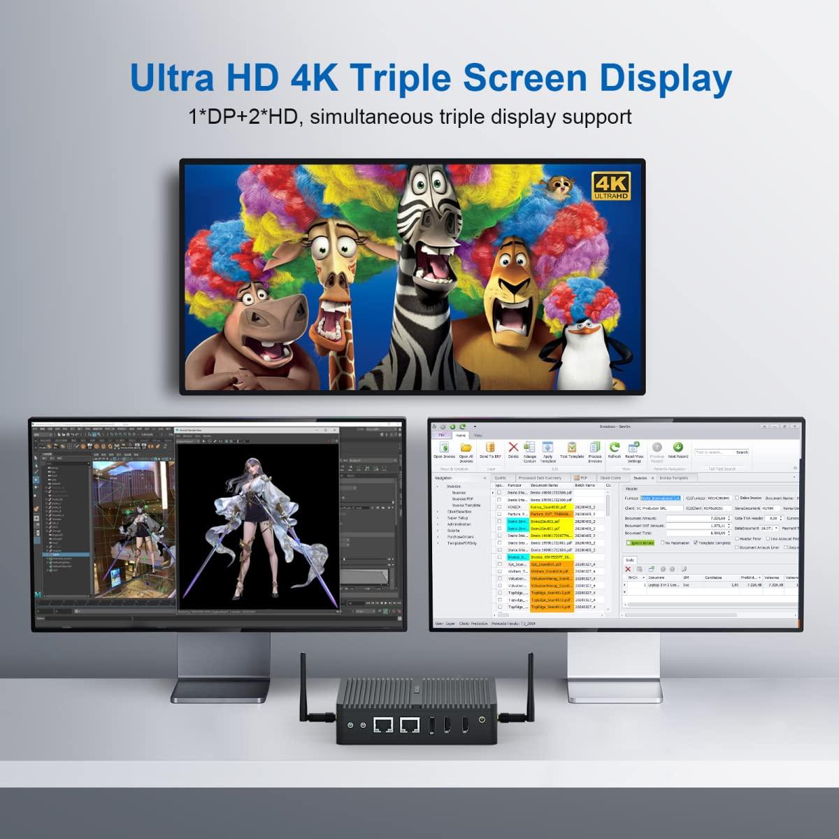 BASOARO BASOARO Mini Desktop PC, Industrial PC Fanless Win 11 Pro, Celeron J6412, 8G RAM 512G SSD 1TB HDD, 2*RS232 COM, Dual LAN, 1*DP, 2*HD, Triple Display, 4K, WiFi, Dual Band WiFi, Mini PC Fanless