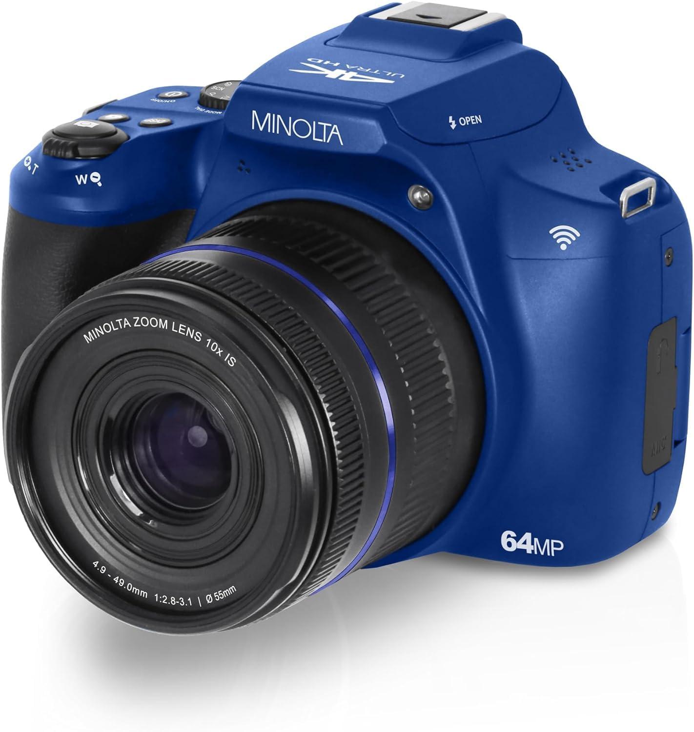 Konica Minolta Minolta 64 Mega Pixels Auto Focus Digital Camera with 10x Optical Zoom, 4K Ultra HD Video and Macro Shooting, Bundle with 32 GB Memory Card + Vlogging Tripod + Cleaning kit + More Accessories (Blue)