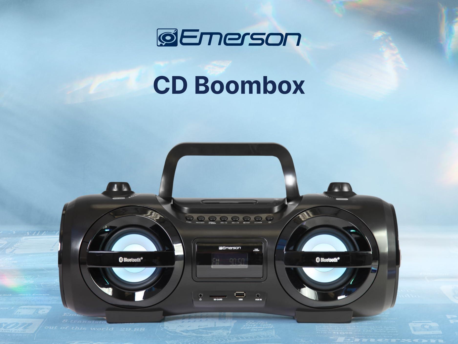 Emerson Emerson EPB-3005 Retro Portable Boombox CD Player, Cassette, AM/FM Radio, Bluetooth, USB, LED Display, Aux-in, Headphone Jack, Battery or AC Powered, Classic Entertainment for Home & Outdoors
