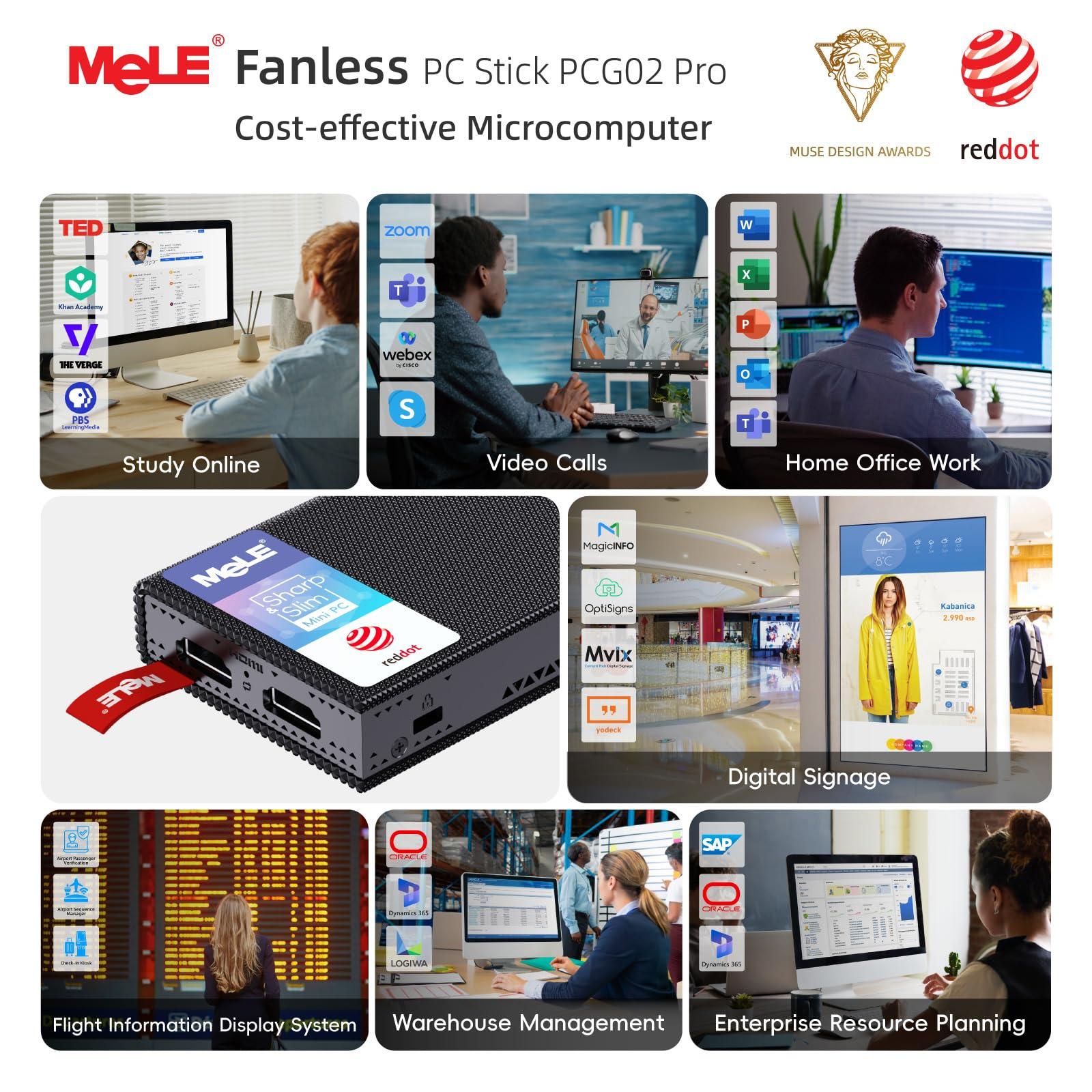 MeLE MeLE Reddot Winner PCG02 Pro Fanless N100 Mini PC Stick 8GB LPDDR4x 128GB eMMC Micro Computer 2X HDMI 4K WiFi 5 BT5.1 Gigabit Ethernet, Support PD3.0 Protocol, on IoT, NAS, Digital Signage, MES, WMS