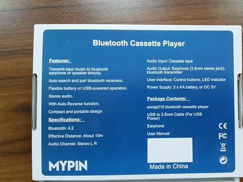 MYPIN Bluetooth Cassette Player with Headphone, Tape Player Bluetooth Output to Headphone/Speaker,Walkman Portable Cassette Tape Player 2 AA Battery or USB Power Supply, 3.5mm Headphone Jack
