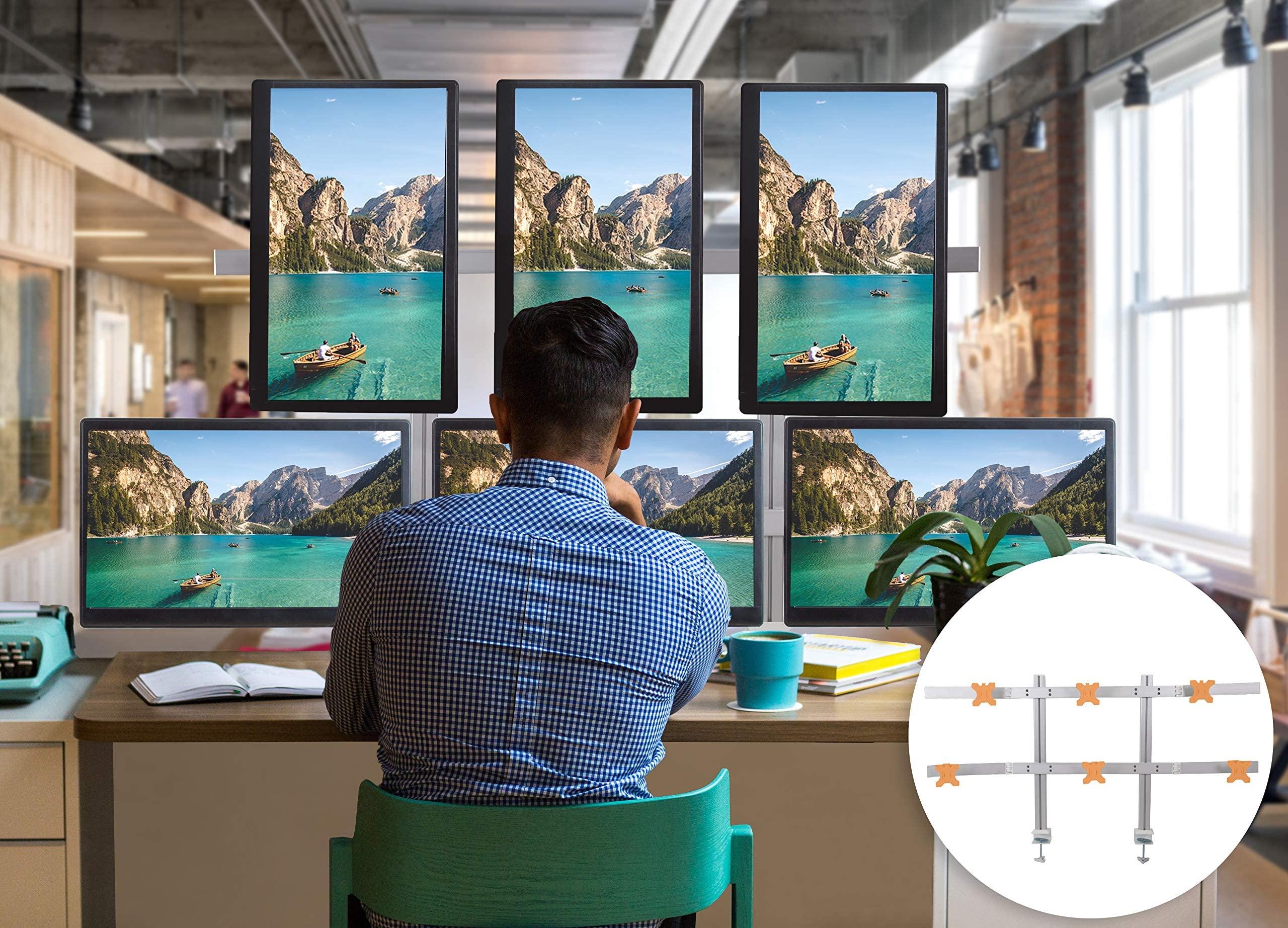 Stand Steady Stand Steady 6 Monitor Mount Desk Setup - Heavy-Duty Height Adjustable Monitor Stand, Swivel Arm with Clamp-On Base, 6 Screen VESA Mount Fits Most LCD/LED Monitors 17-32 in. (Silver, 6 Mounts)