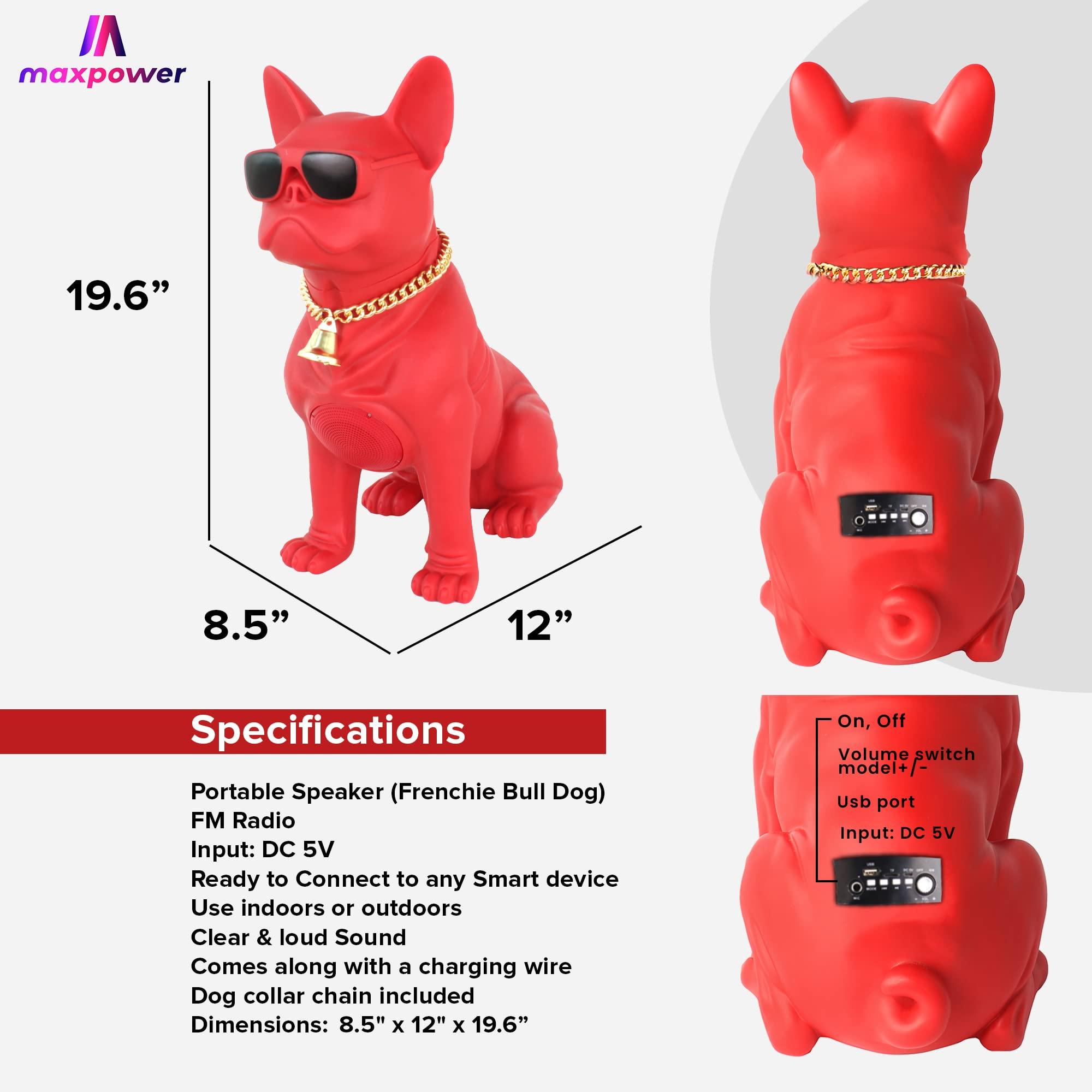 Max Power Max Power Wooof Bulldog Style Bluetooth Speaker System MD566 - Big Size With Glasses and Dog Collar Chain - FM Radio in Red Color