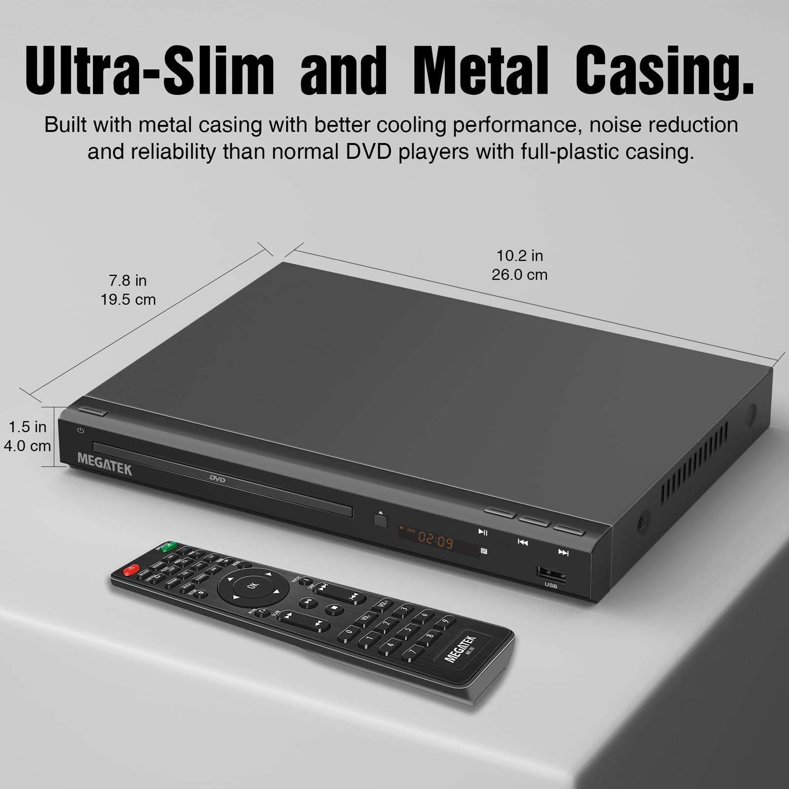 MEGATEK MEGATEK Region-Free DVD Player for TV with HDMI, CD Player for Home, Plays All Regions and Formats, USB Port, Durable Metal Casing, Remote, HDMI and RCA Cables Included