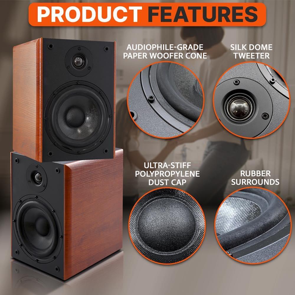 Pyle Pyle 6.5" Home Wooden Bookshelf Speakers, 240W Max Power, 1" Silk Dome Tweeter and Aluminum Voice Coils, Pair, Gold Plated 5 Way Binding Post, Rubber Surrounds, Beautiful Wood Grain Finish