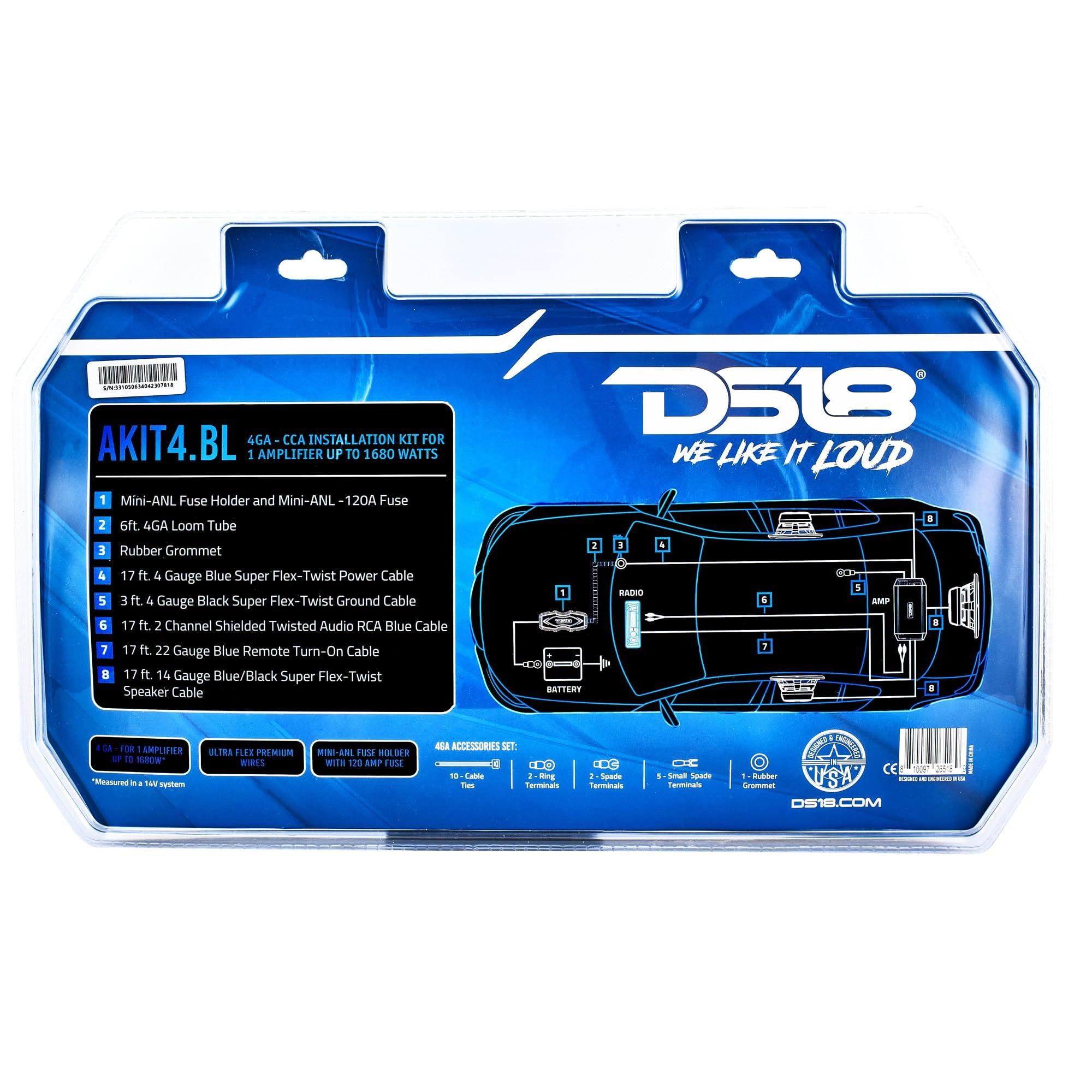 DS18 DS18 AKIT4.BL 4-GA Amplifier Installation Kit Up to 1680 Watts RMS, Mini-ANL Fuse Holder, Speaker & RCA Cables, CCA Amplifier Wiring Kit, Ultra Flex Wire, Amp Wire Kit, Amp Wiring Kit 4 Gauge - Blue