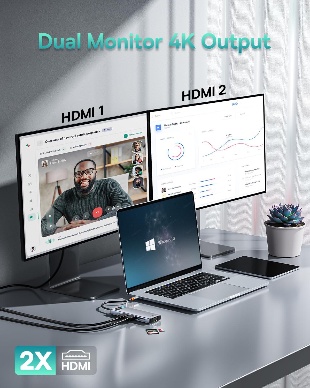 Baseus Baseus Laptop Docking Station Dual Monitor 4K@120Hz, 9 in 1 USB C Hub with 2 HDMI, 1000Mbps LAN, 100W PD, 3 USB, SD Card Reader & USB C Charger, Baseus 65W USB C Wall Charger, 3 Ports Foldable GaN