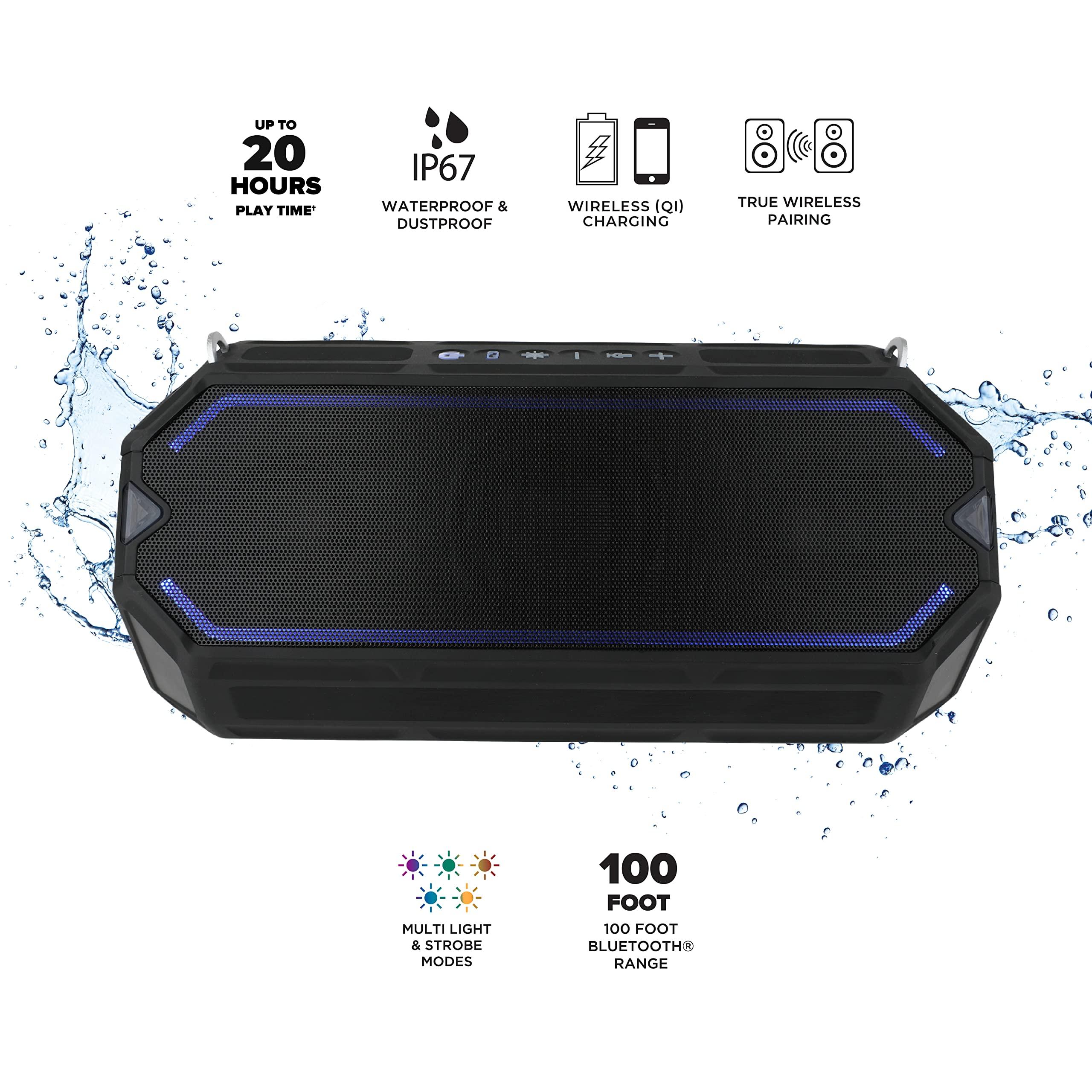 Altec Lansing Altec Lansing HydraShock Bluetooth Speaker USB Type-C Rechargeable Portable Speaker Wireless Charger for Phone, Stereo Speaker w/LED Lights for Pool Beach Hiking Camping, 20 Hour Playtime (Black)